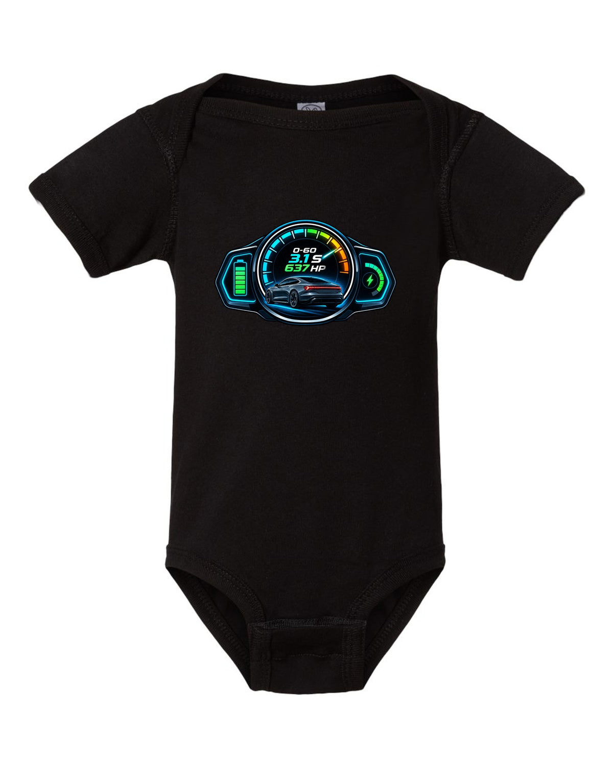 HUD gauge cluster print of an Audi e-tron GT with 0-60 and horsepower figures black baby onesie front view with the design