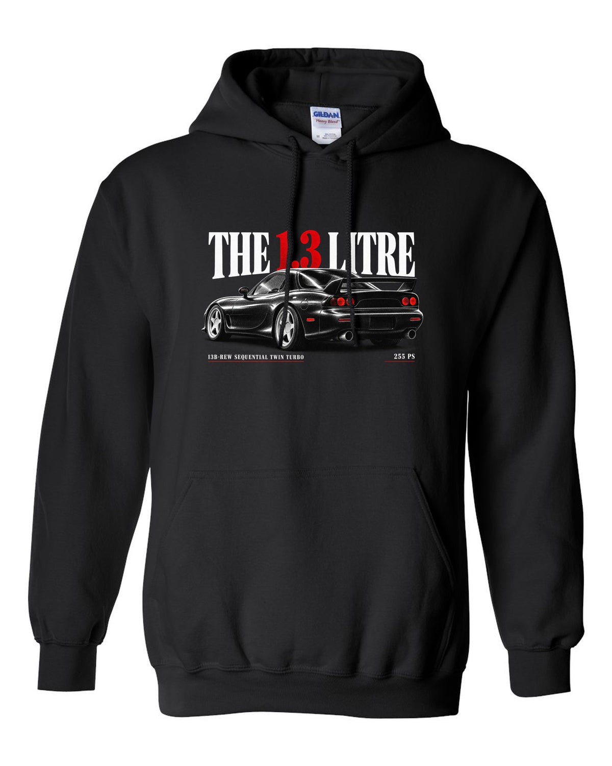 Editorial headline print for the 1992 Mazda RX-7 FD3S with 13B-REW sequential twin turbo and 255 PS black pull over hoodie front view with the design