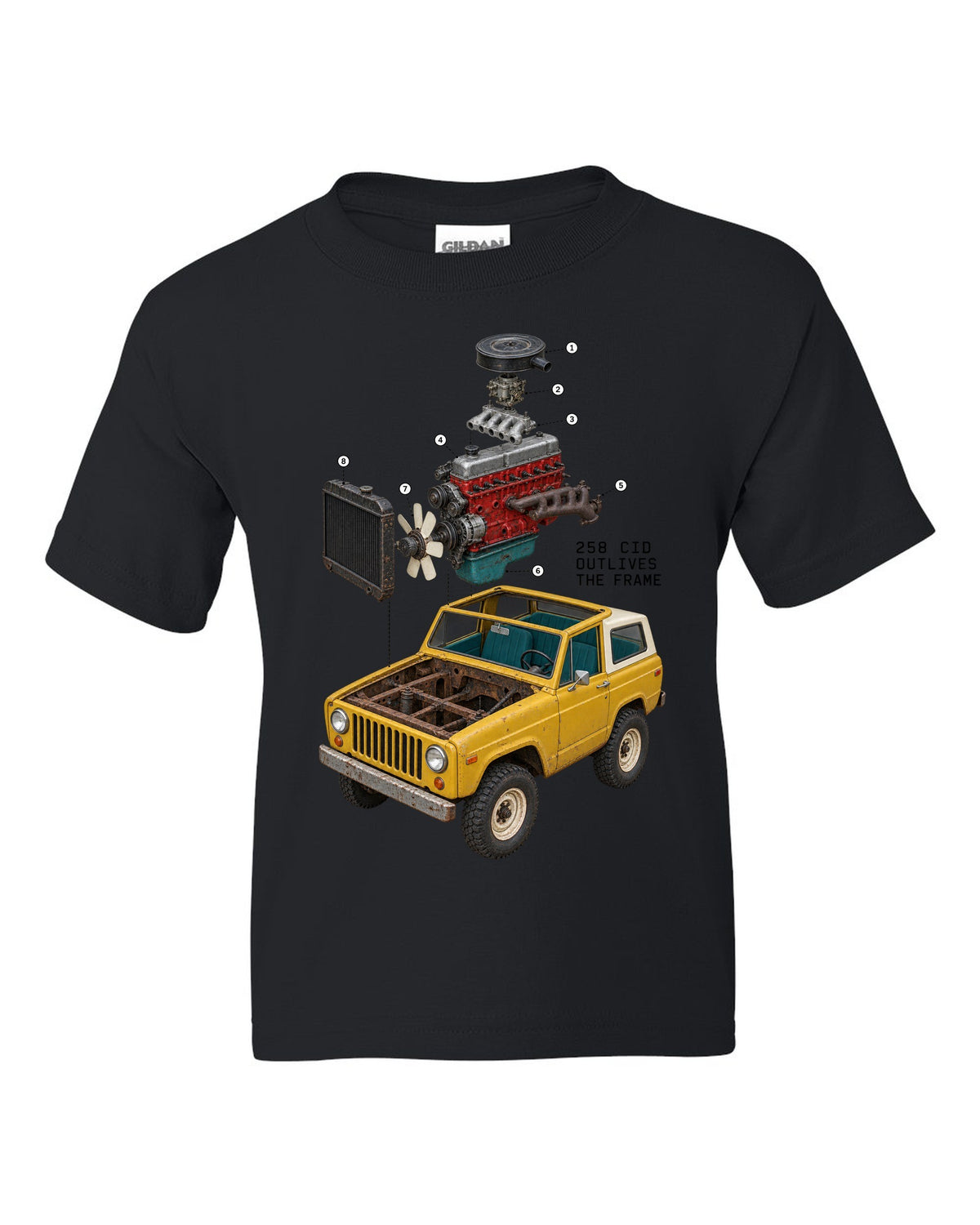 Exploded cutaway engine print of a Jeep CJ-7 258 CID inline-six black kids tee front view with the design