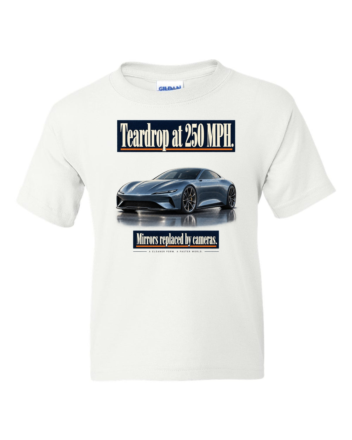 Editorial headline print of a steel blue McLaren Speedtail white kids tee front view with the design
