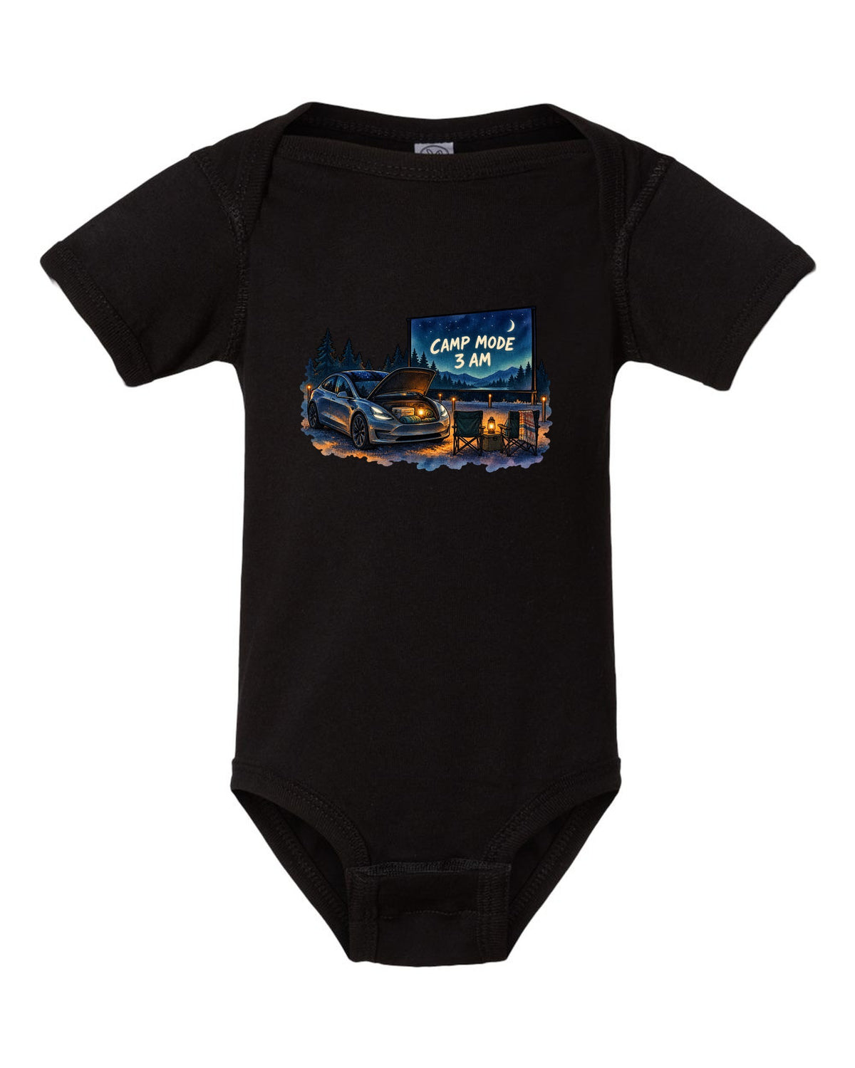 Watercolor wash print of a Tesla Model 3 with the words Camp Mode 3 AM black baby onesie front view with the design
