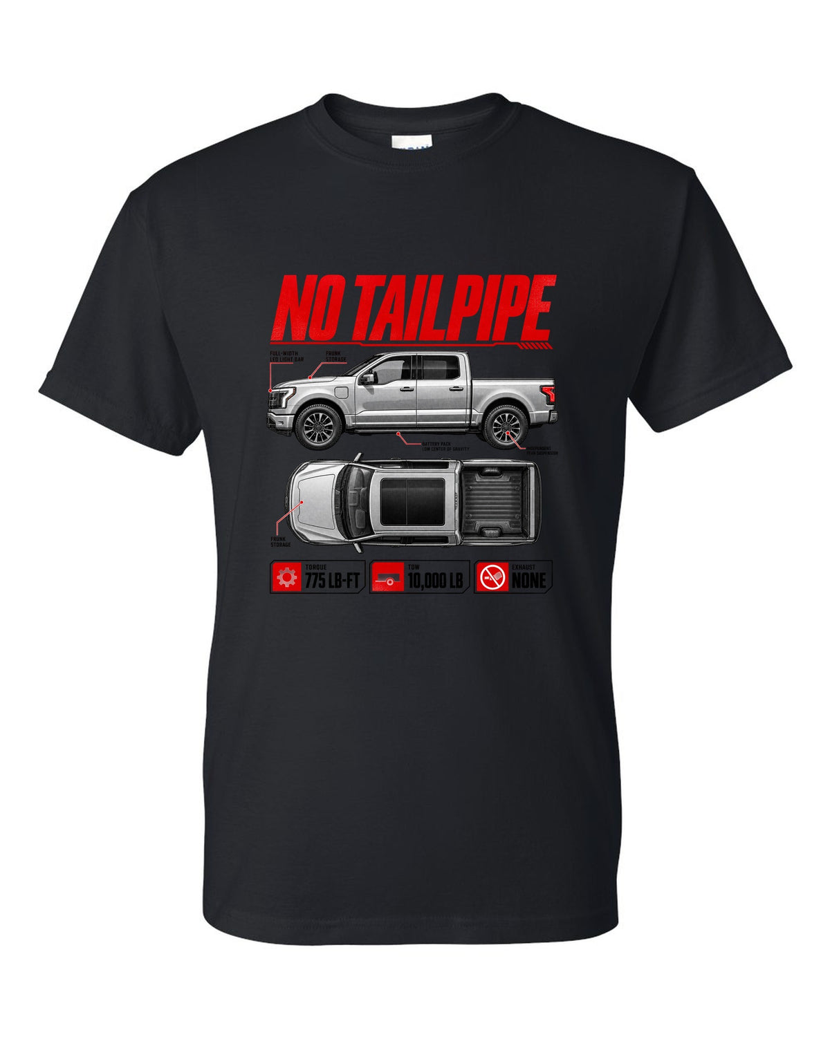 Ford F-150 Lightning 2022 top-down and profile spec sheet poster black t-shirt front view with the design