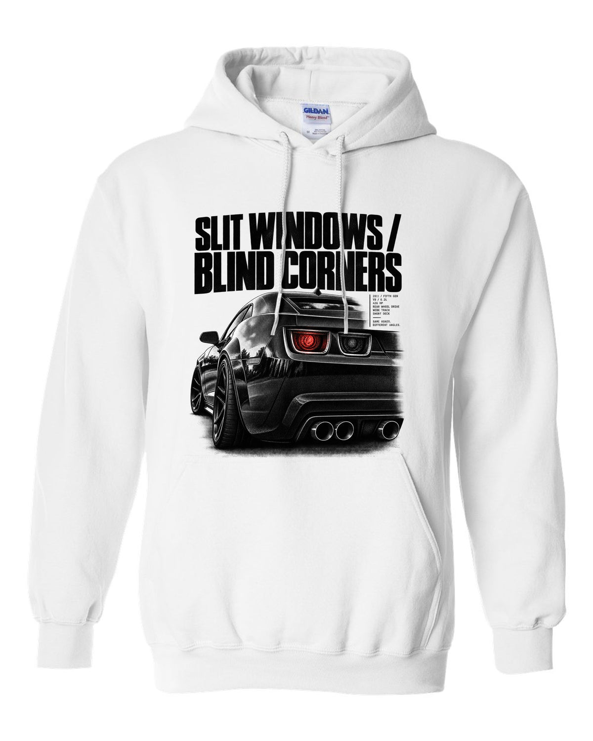 Rear three-quarter taillight print of a 2011 Chevrolet Camaro SS with slit windows text white pull over hoodie front view with the design