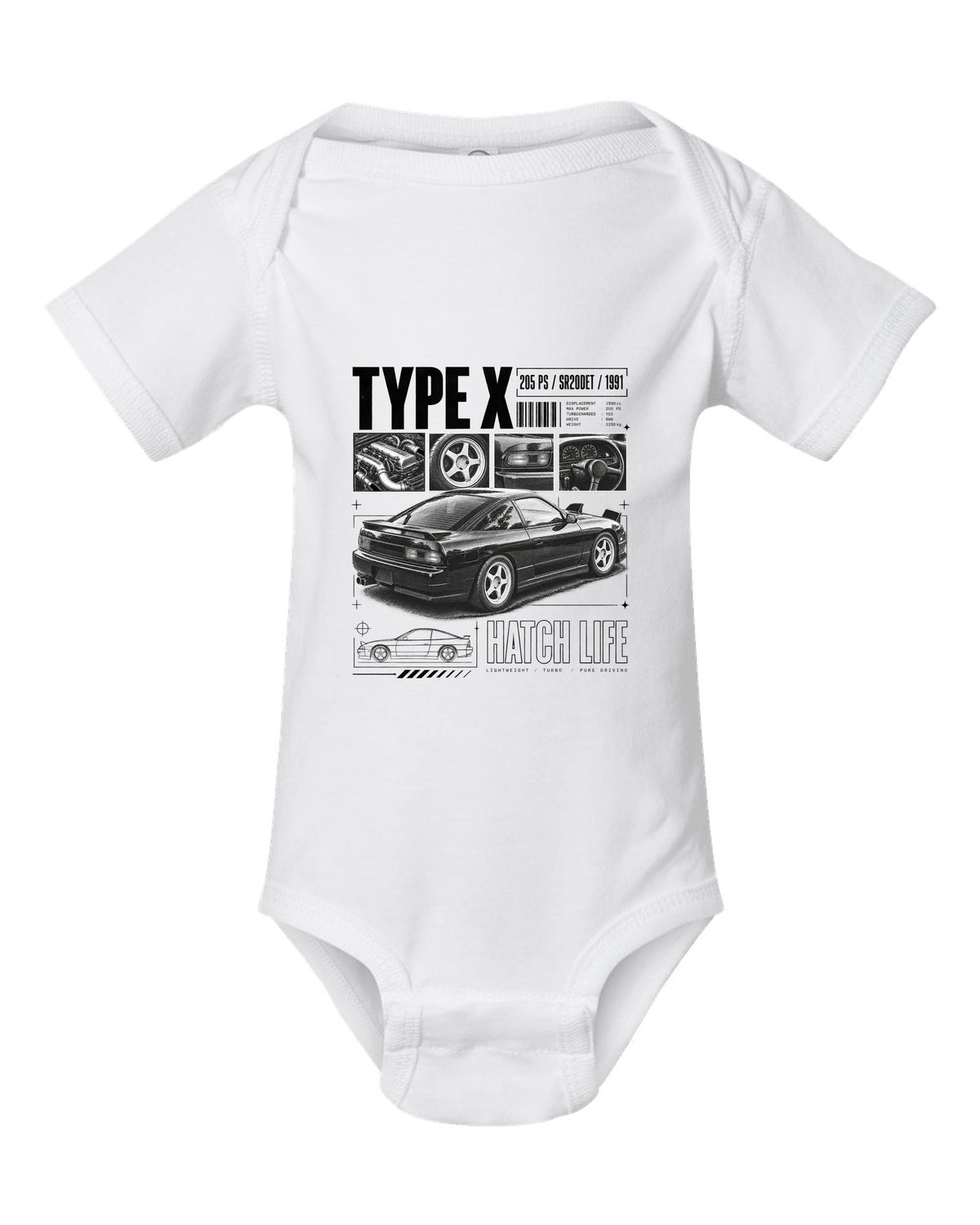 Dossier panels of a Nissan 180SX Type X with 205 PS, SR20DET and 1991 lettering white baby onesie front view with the design