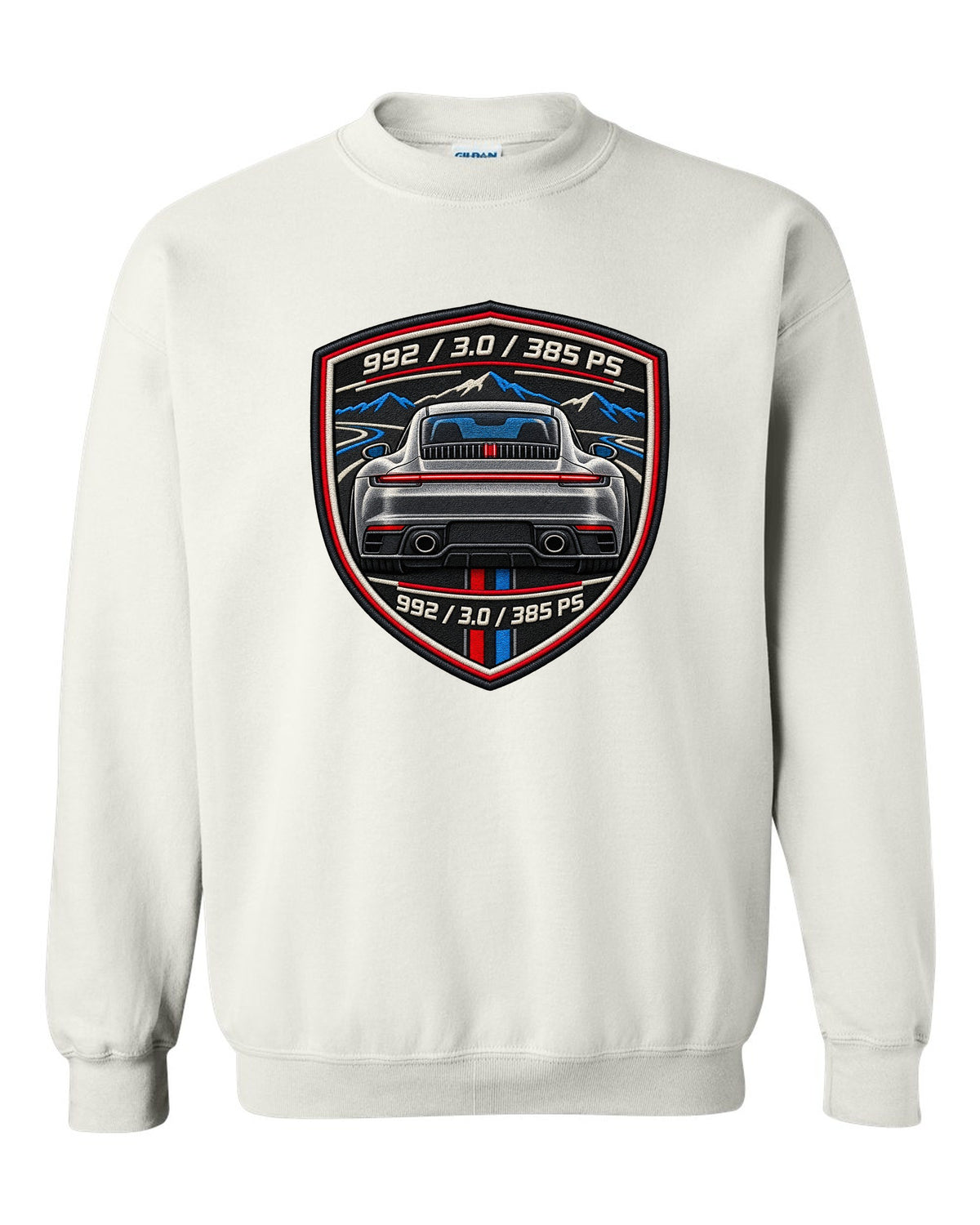 Round crest print of a Porsche 911 992 with the text 992, 3.0 and 385 PS white crewneck front view with the design