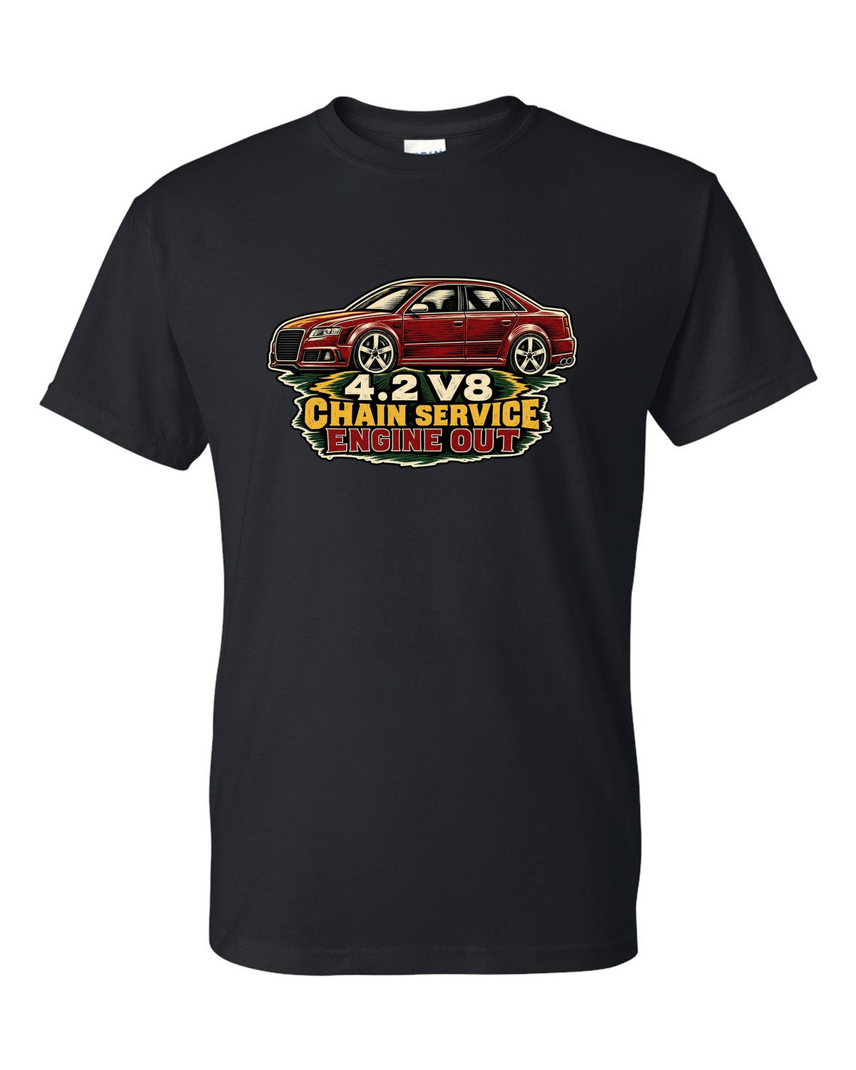 Linocut style print of an Audi S4 B7 sedan with 4.2 V8 chain service text black t-shirt front view with the design