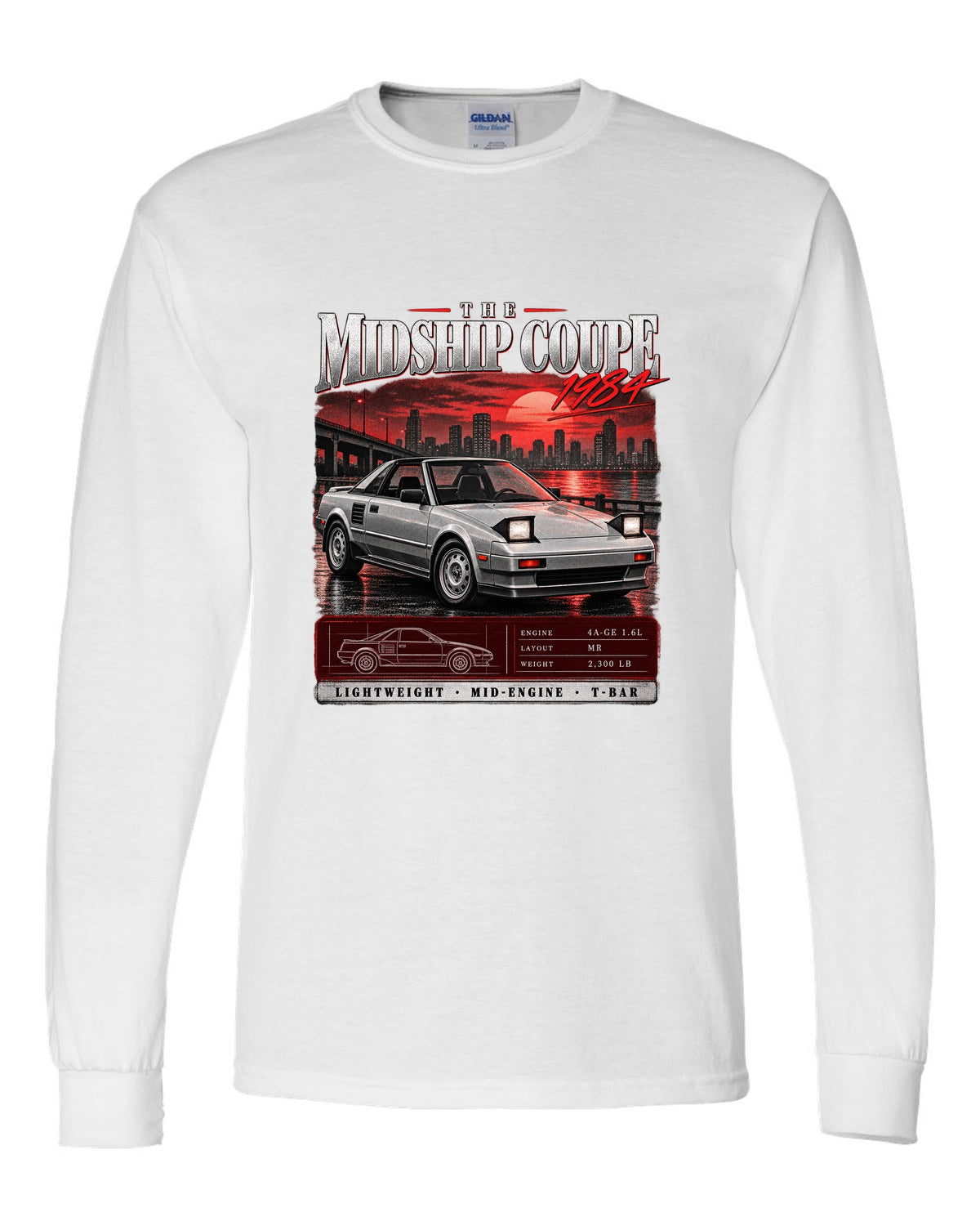Archive panel print of a Toyota MR2 AW11 with the text The Midship Coupe 1984 white long sleeve front view with the design