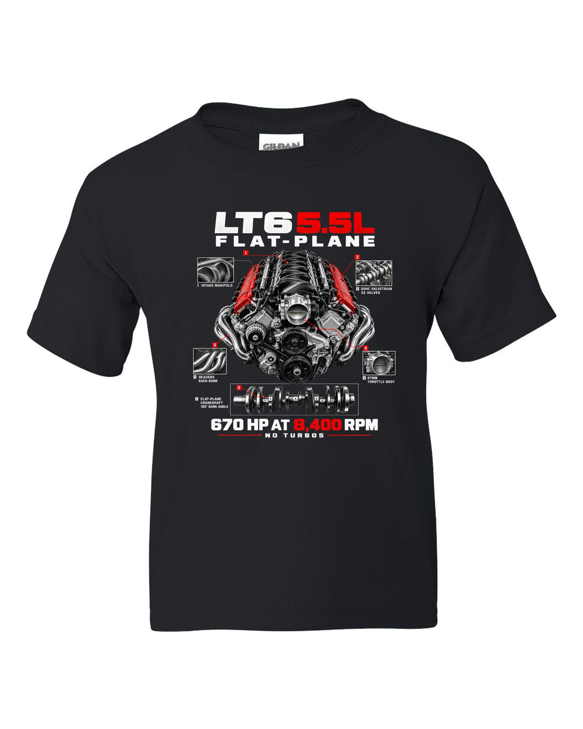 Corvette C8 Z06 LT6 5.5L flat-plane engine with central exhaust tips black kids tee front view with the design