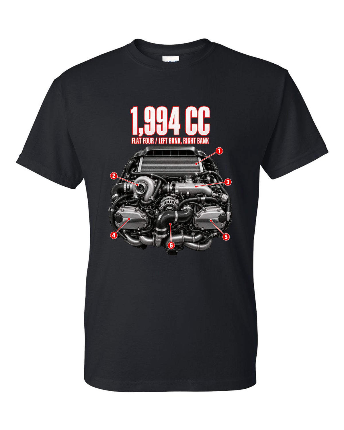 Subaru EJ20K flat-four boxer engine anatomy illustration from a GC8 WRX black t-shirt front view with the design
