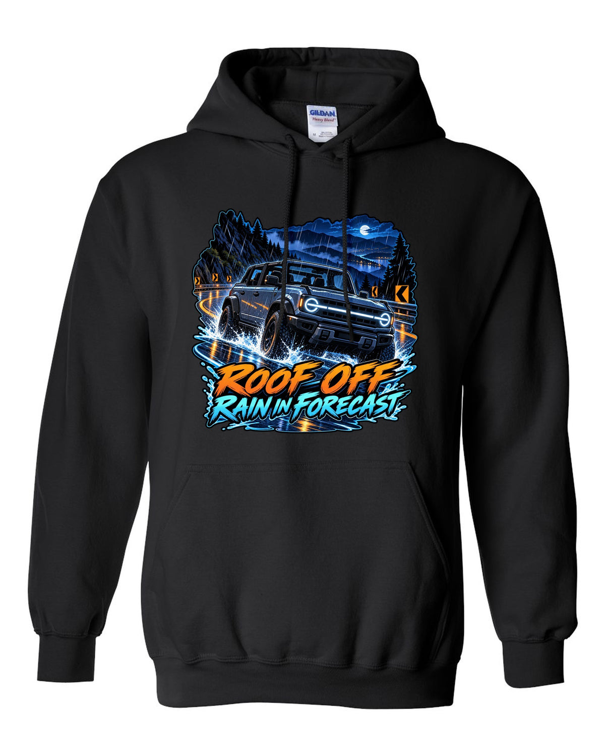 Cel-shaded anime night garage print of a 2021 Ford Bronco 4-door 6G with roof off black pull over hoodie front view with the design