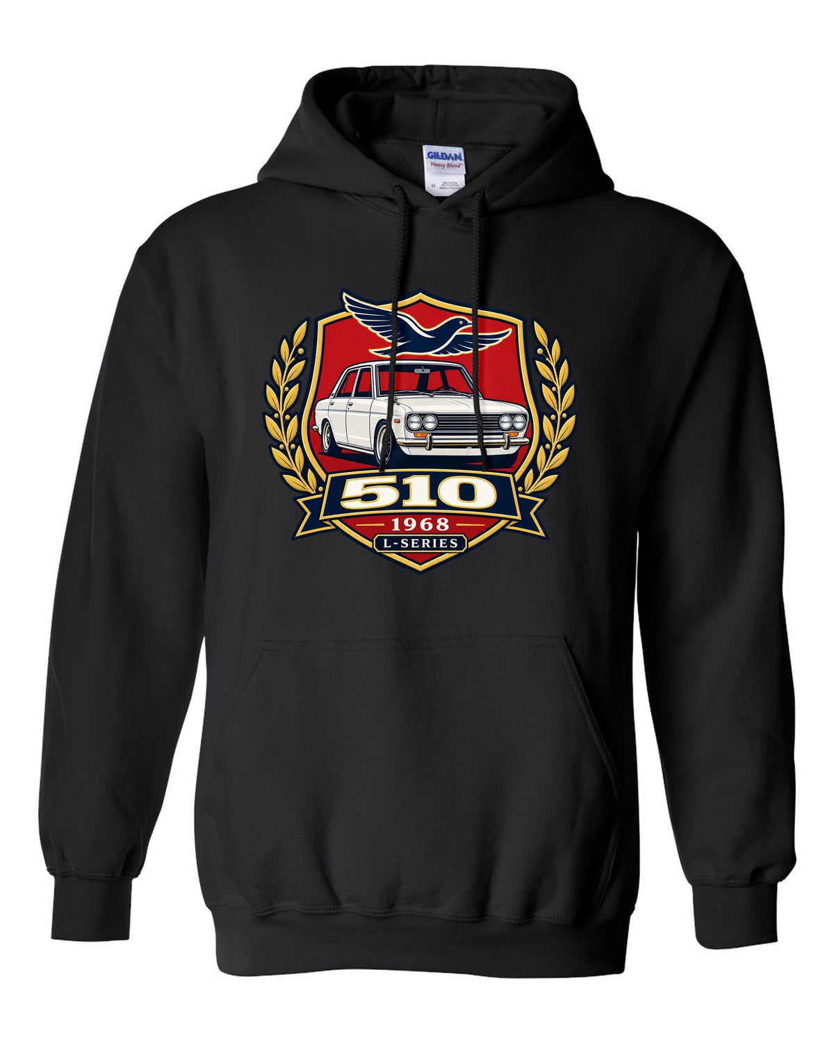 Shield crest print for the Datsun 510 with 510, 1968 and L-Series lettering black pull over hoodie front view with the design