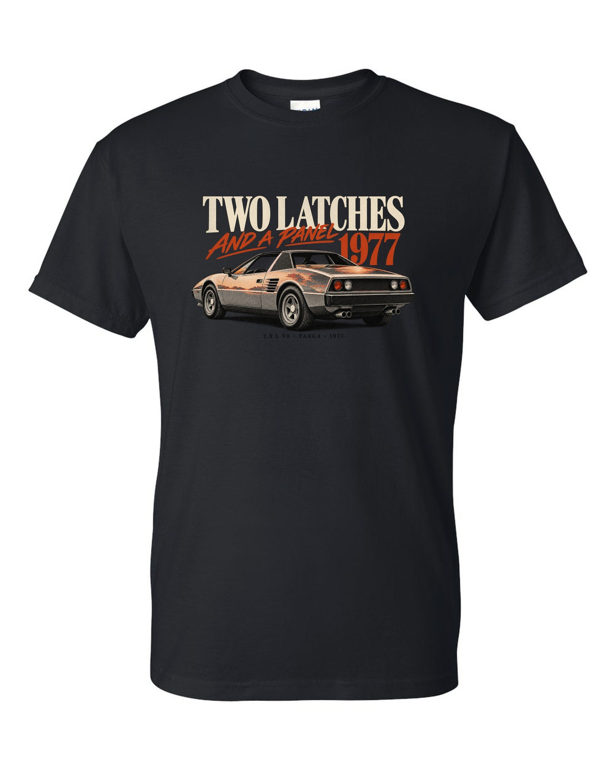 Ferrari 308 GTS 1977 rear three-quarter print, two latches and a panel, targa roof black t-shirt front view with the design