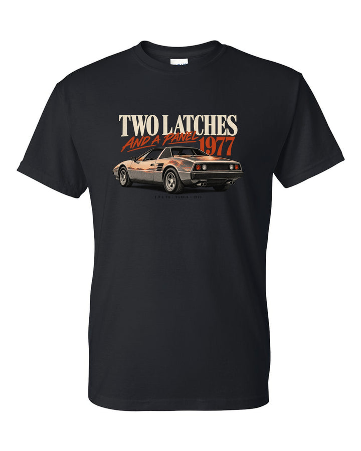 Ferrari 308 GTS 1977 rear three-quarter print, two latches and a panel, targa roof black t-shirt front view with the design