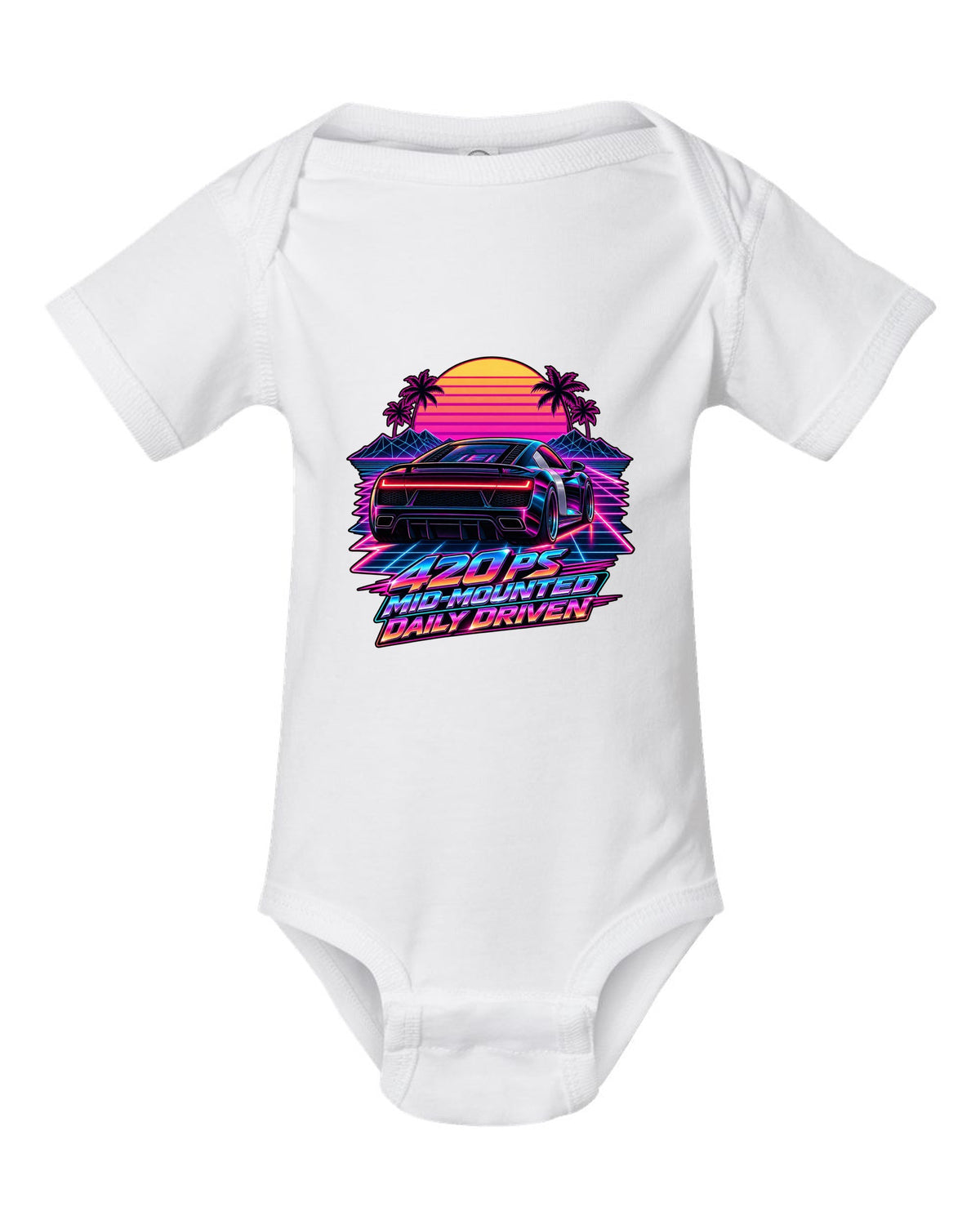 80s synthwave print of an Audi R8 Type 42 rear lights with Daily Driven text white baby onesie front view with the design