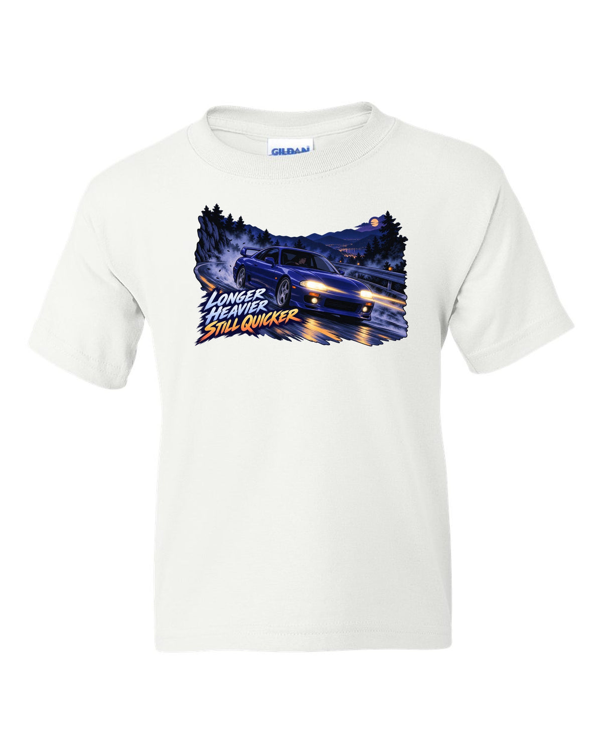 Cel-shaded 90s anime night touge print of a Nissan Skyline GT-R BCNR33 with longer heavier still quicker lettering white kids tee front view with the design
