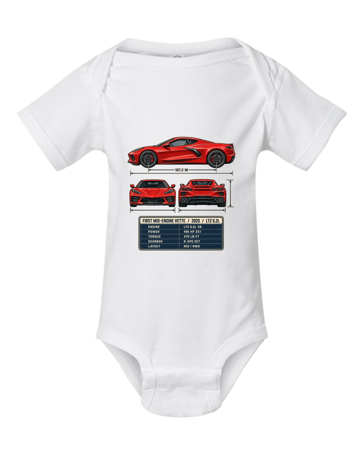Three-view spec table print of a Chevrolet Corvette C8 Stingray with LT2 6.2L text white baby onesie front view with the design