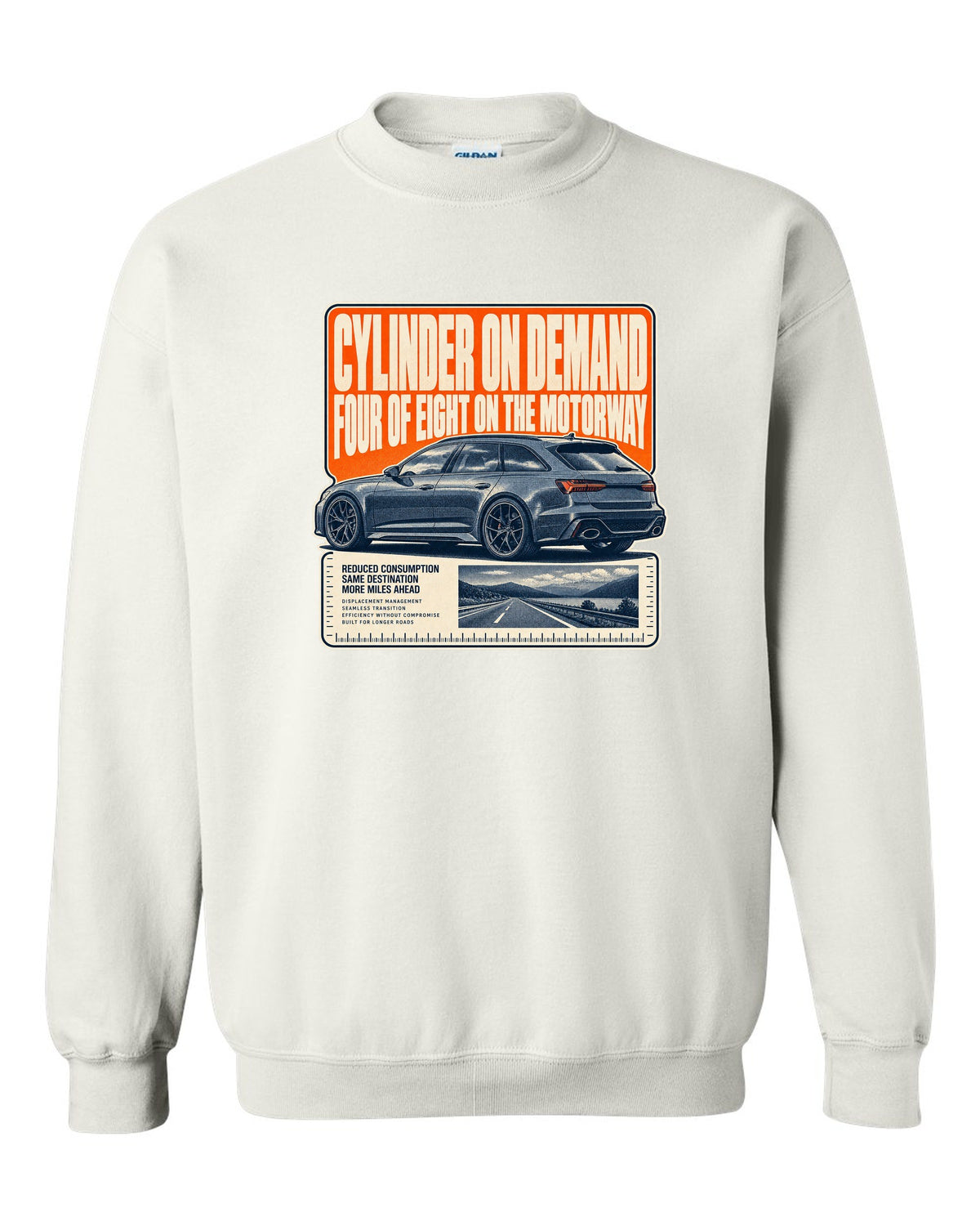 Audi RS6 Avant C8 wagon halftone statement print white crewneck front view with the design
