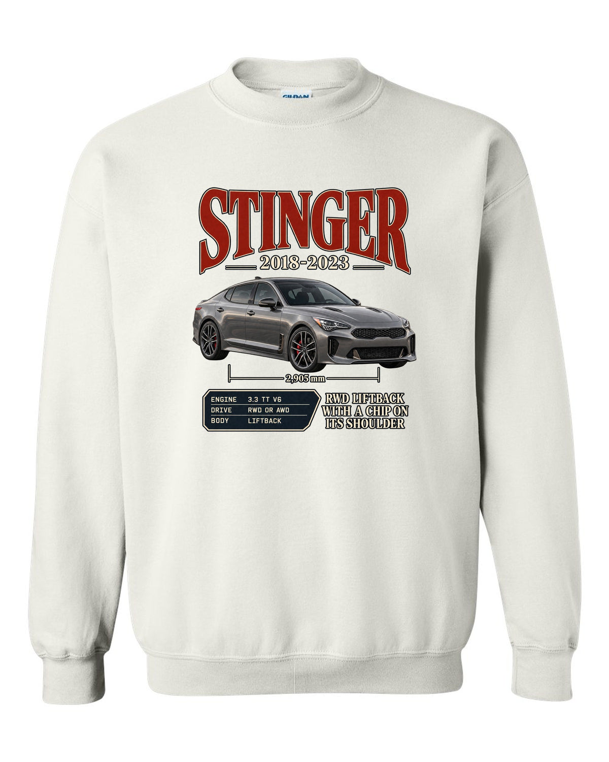 Kia Stinger GT archive panel print covering 2018 to 2023 white crewneck front view with the design