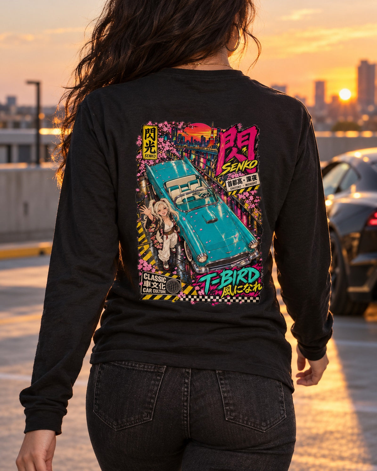SENKO T-BIRD Anime Girl Full-Back Graphic Tee Long Sleeve Black worn hero