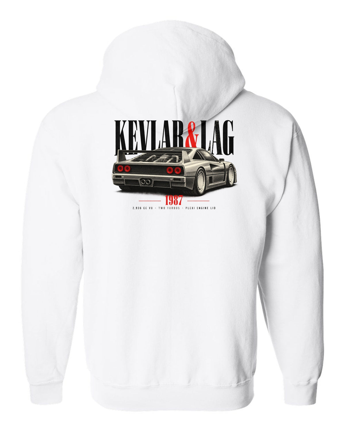 Ferrari F40 1987 rear three-quarter print headed Kevlar and Lag, 2,936 cc V8 white zip hoodie back view with the design