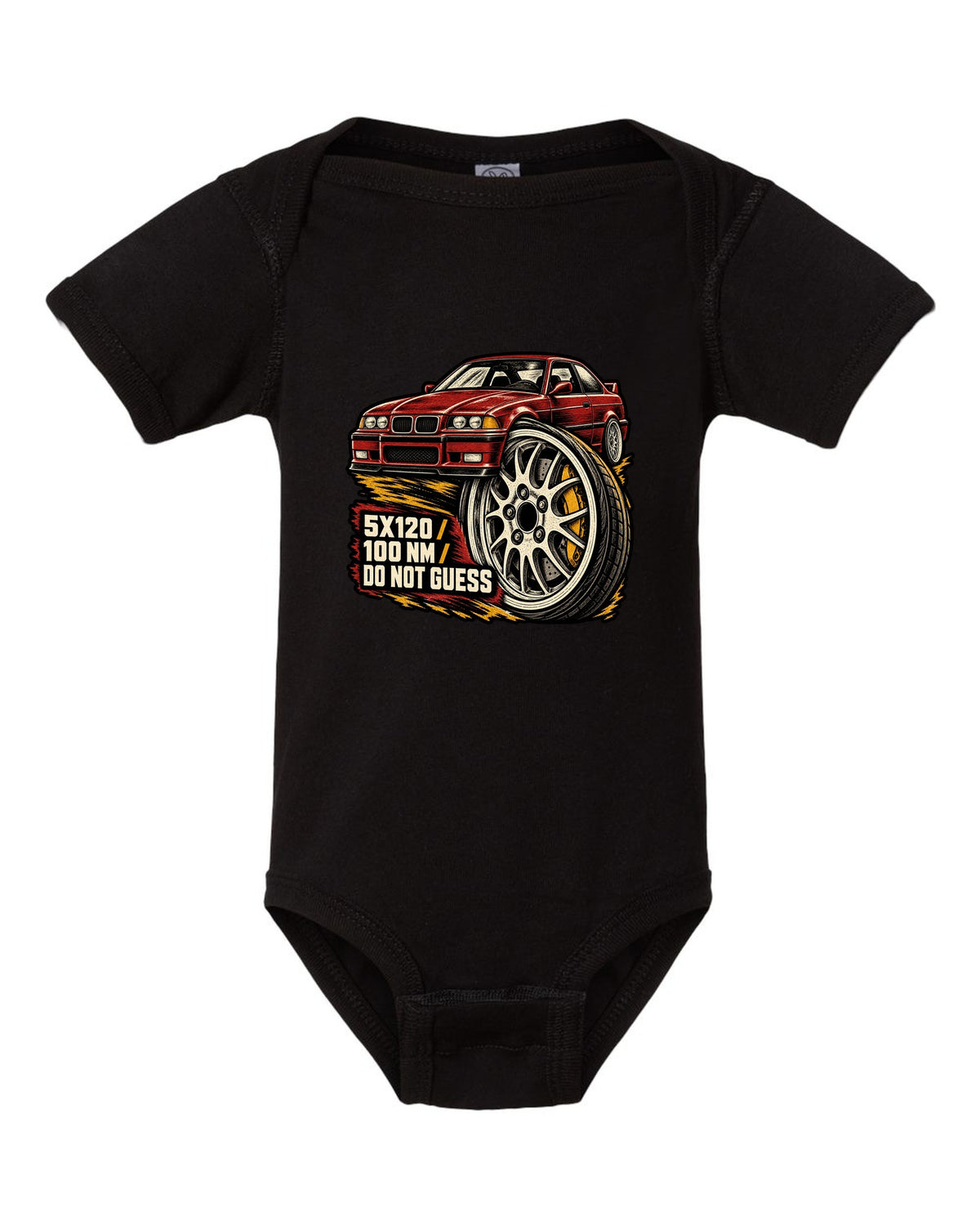 Linocut woodcut lug nut design for a BMW E36 M3 coupe with 5x120 and 100 Nm text black baby onesie front view with the design