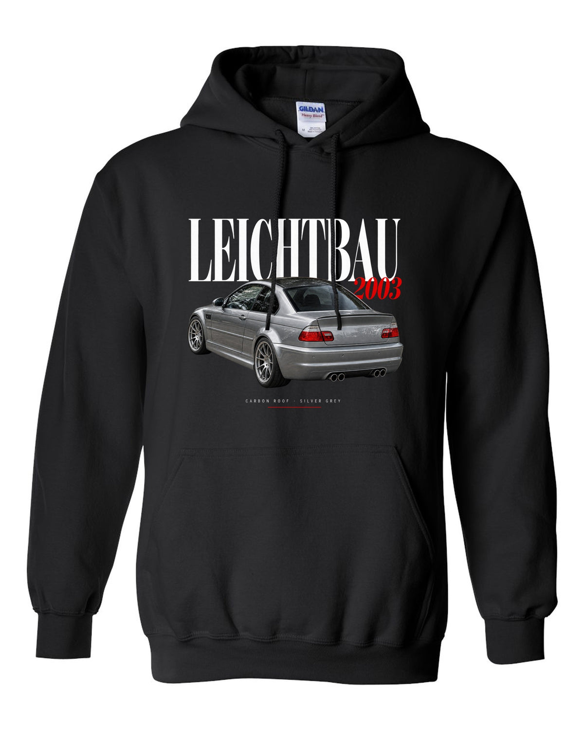 BMW E46 M3 CSL 2003 editorial headline print with Leichtbau carbon roof Silver Grey text black pull over hoodie front view with the design