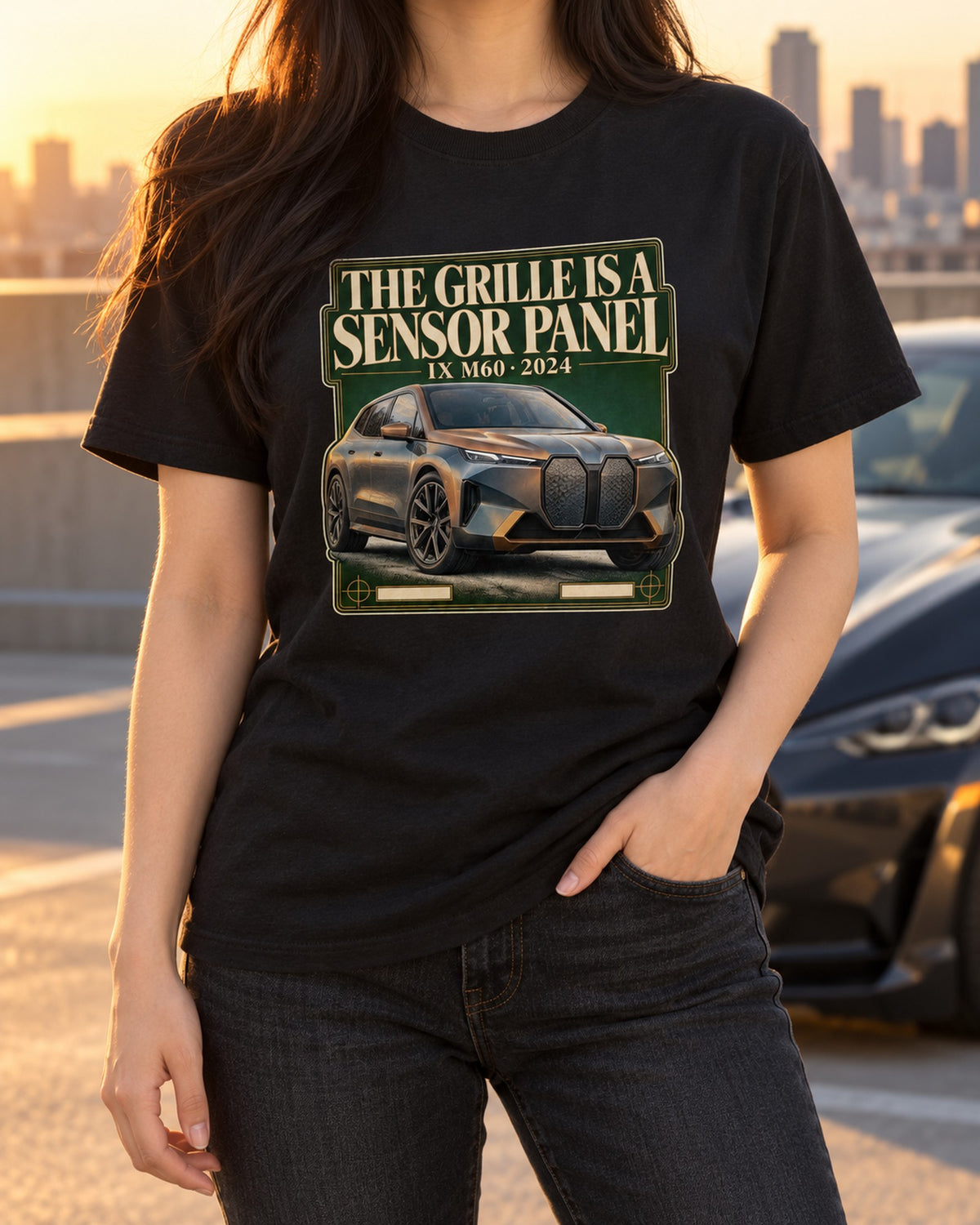 BMW iX M60 I20 Editorial Headline Tee, Car Guy Gift T-Shirt Black worn hero