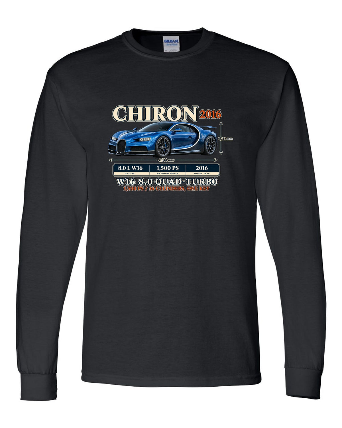 Archive panel print of a steel blue Bugatti Chiron with W16 spec text black long sleeve front view with the design