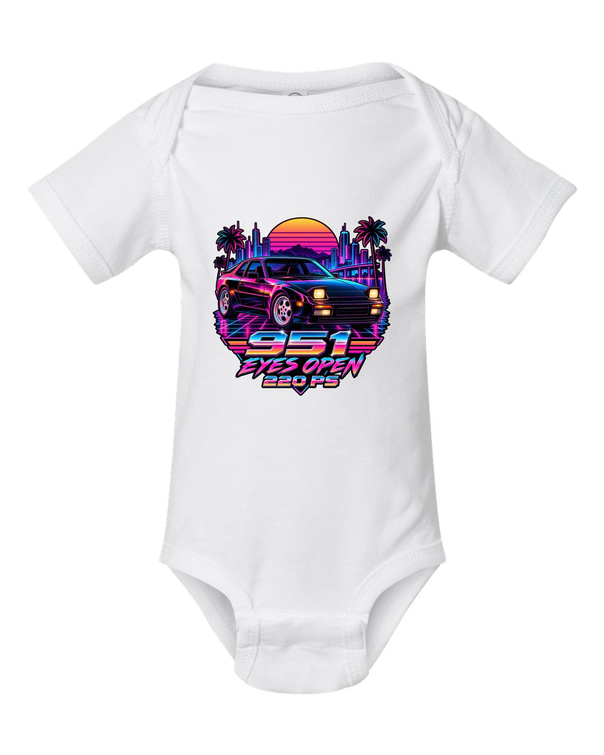 Synthwave neon Porsche 944 Turbo 951 with pop-up headlights open white baby onesie front view with the design