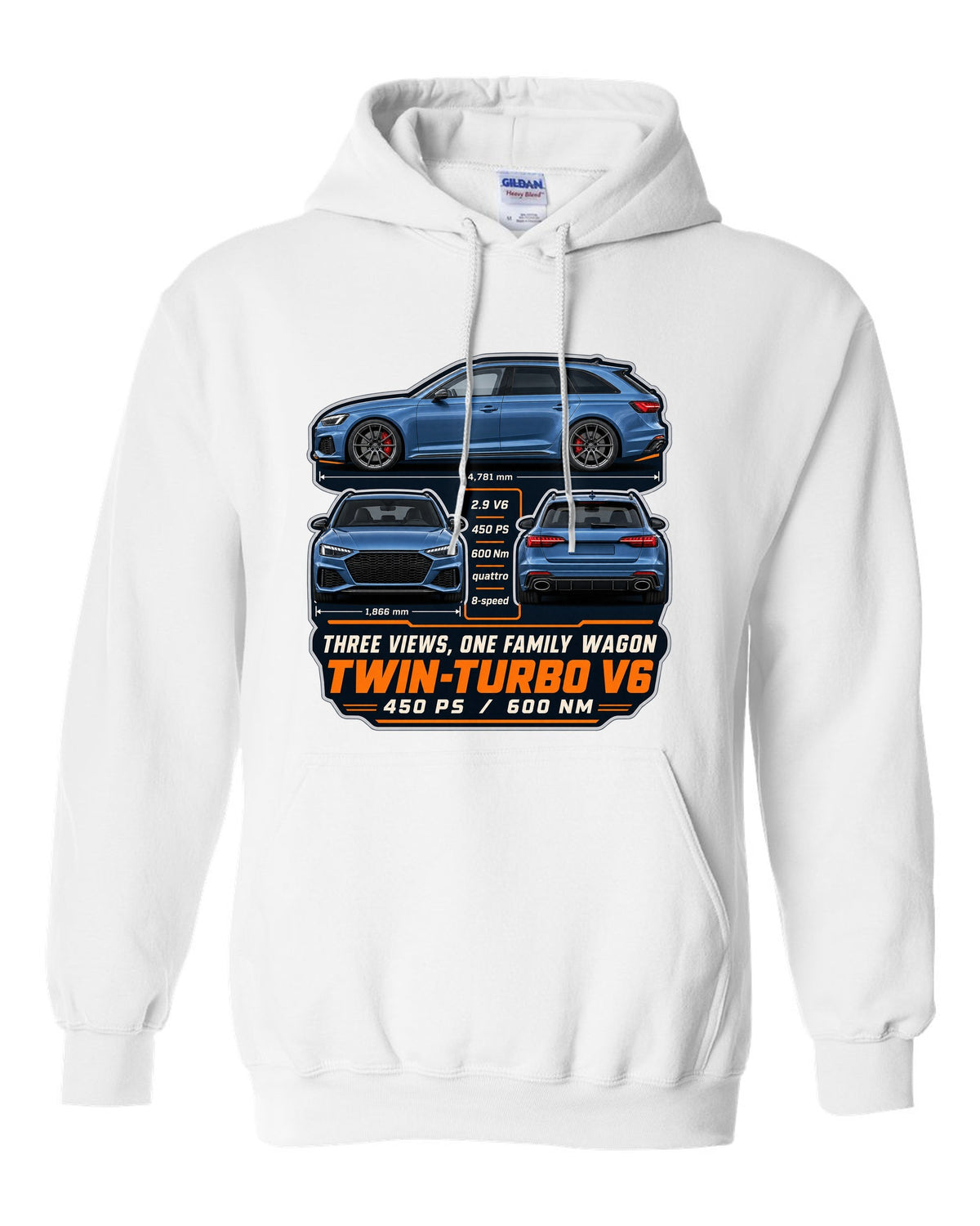 Audi RS4 Avant B9 facelift three-view drawing with spec table print white pull over hoodie front view with the design