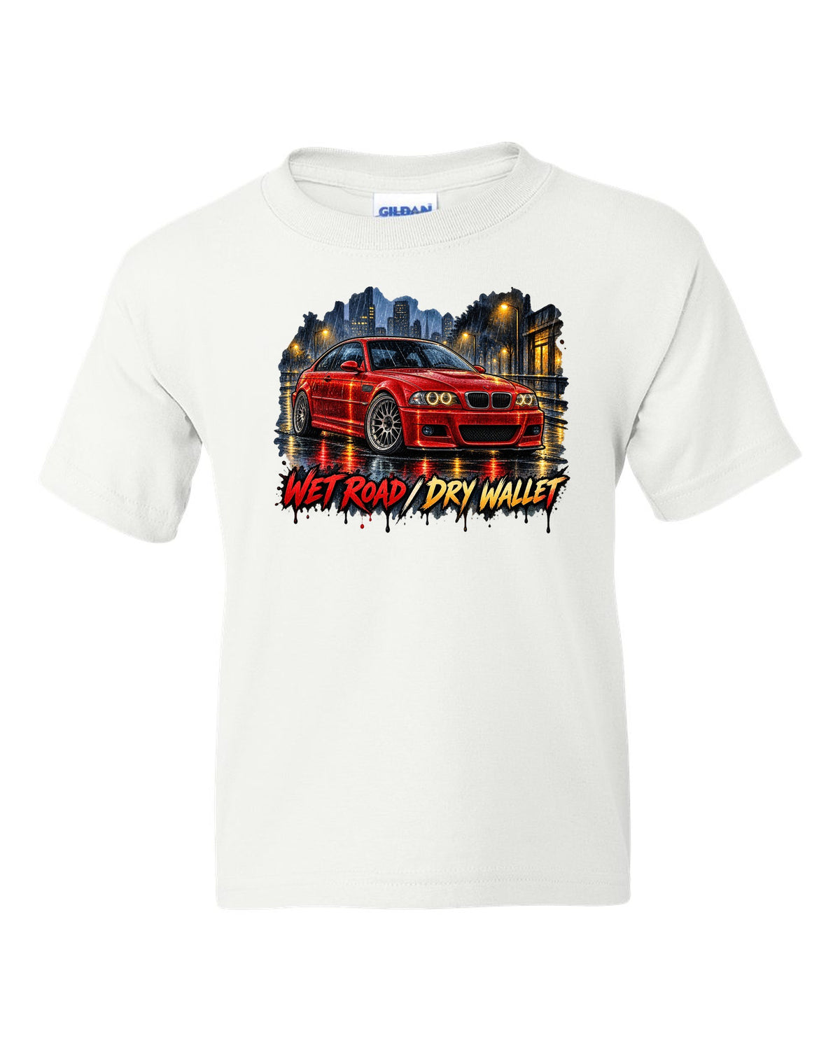 Watercolour wet-road night illustration of a BMW E46 M3 coupe with wet road dry wallet text white kids tee front view with the design