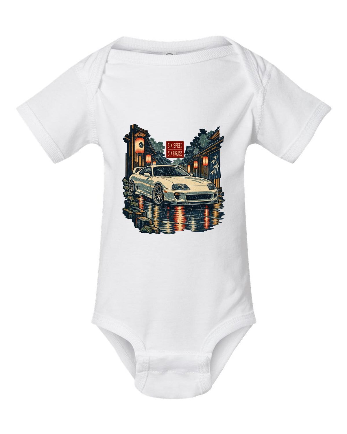 Ukiyo-e woodblock scene of a Toyota Supra A80 JZA80 in lantern rain with six speed six figures text white baby onesie front view with the design