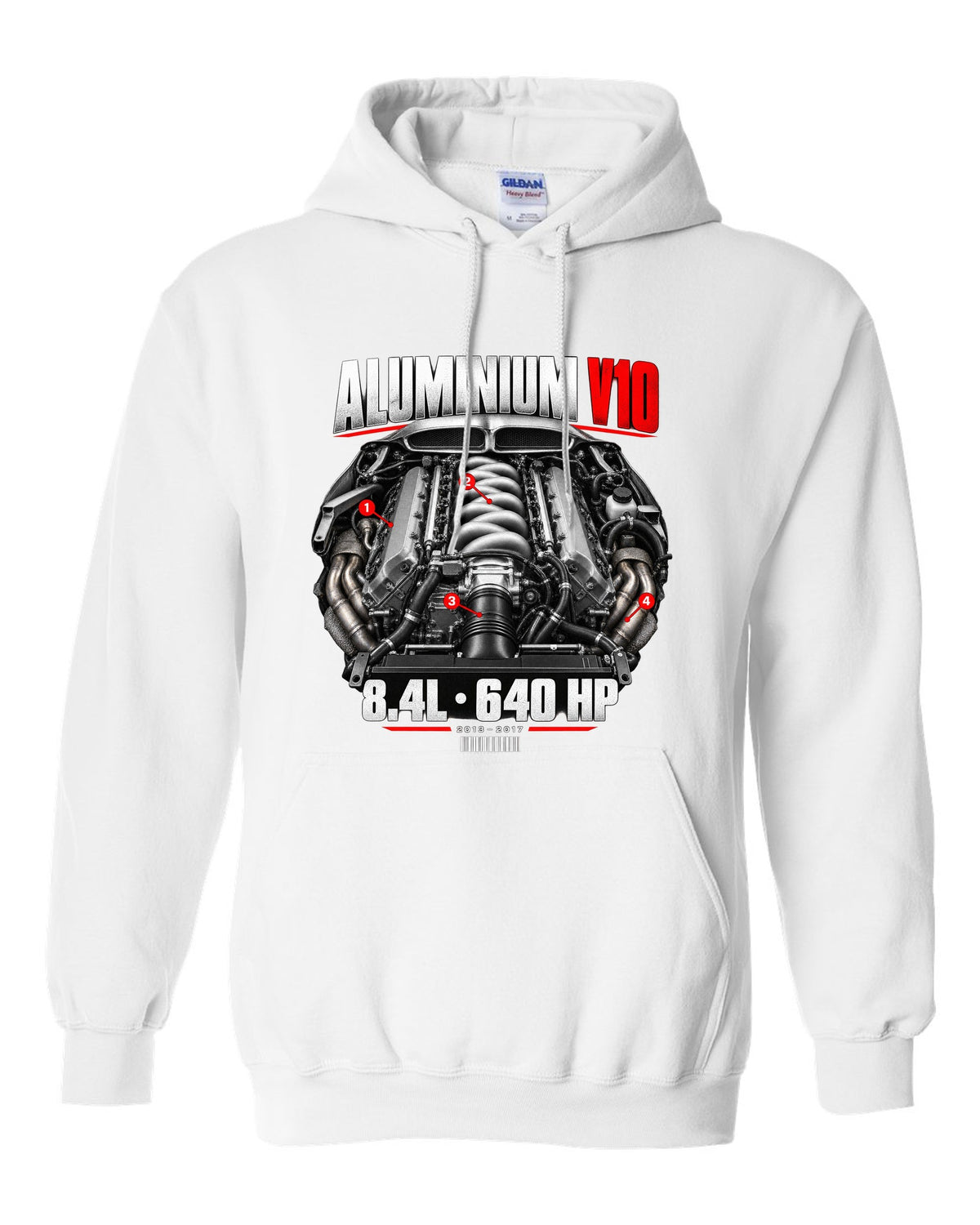 Dodge Viper VX aluminium V10 engine hero print with 8.4L and 640 HP lettering white pull over hoodie front view with the design
