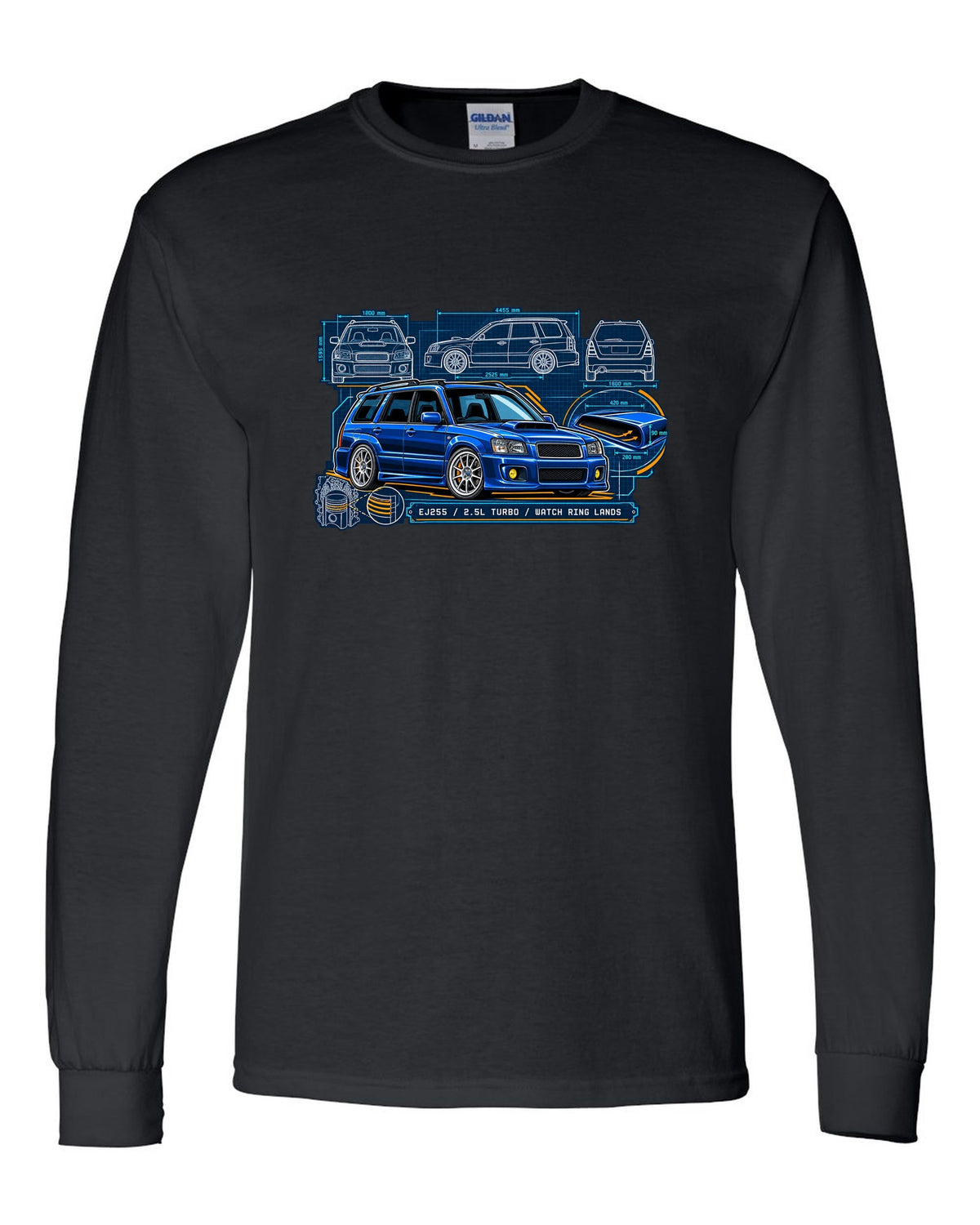 Technical blueprint of a Subaru Forester SG9 with hood scoop and EJ255 2.5L turbo text black long sleeve front view with the design
