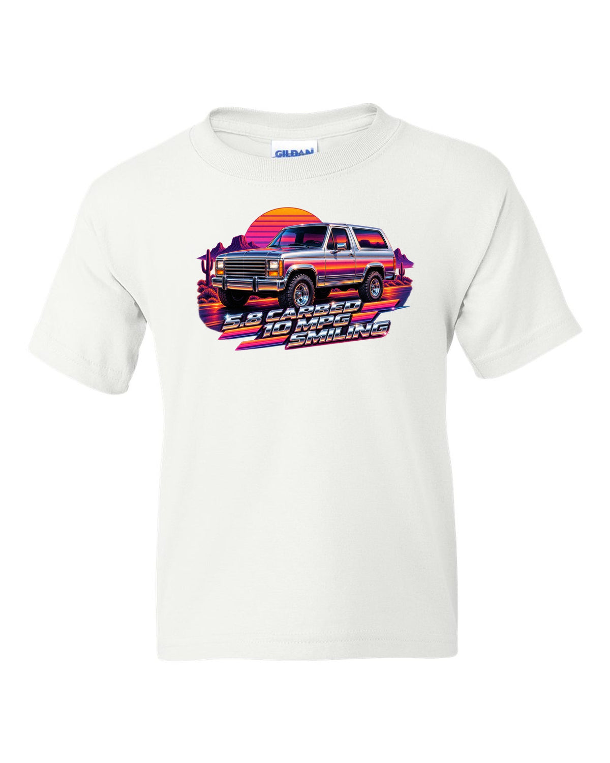 80s airbrush chrome art of a 1980-86 Ford Bronco Bullnose at sunset with 5.8 CARBED 10 MPG lettering white kids tee front view with the design
