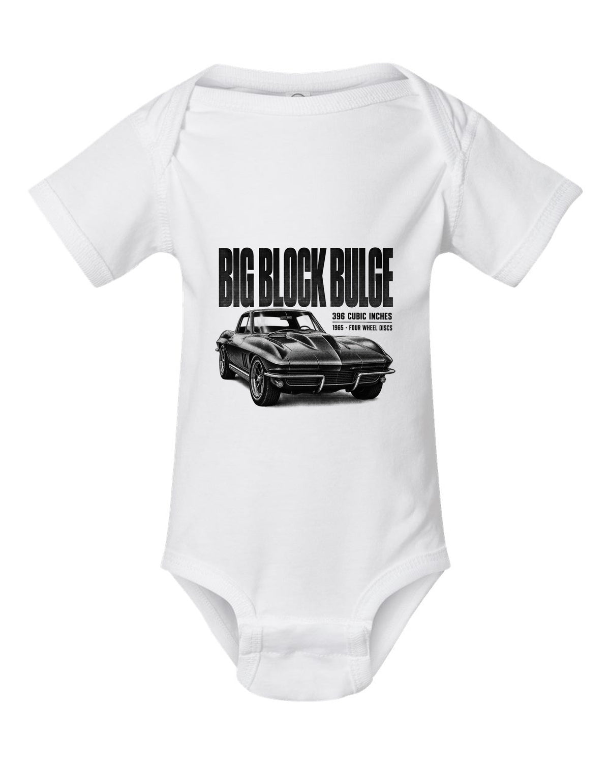 Chevrolet Corvette C2 Sting Ray 1965 big-block 396 hood bulge halftone print white baby onesie front view with the design