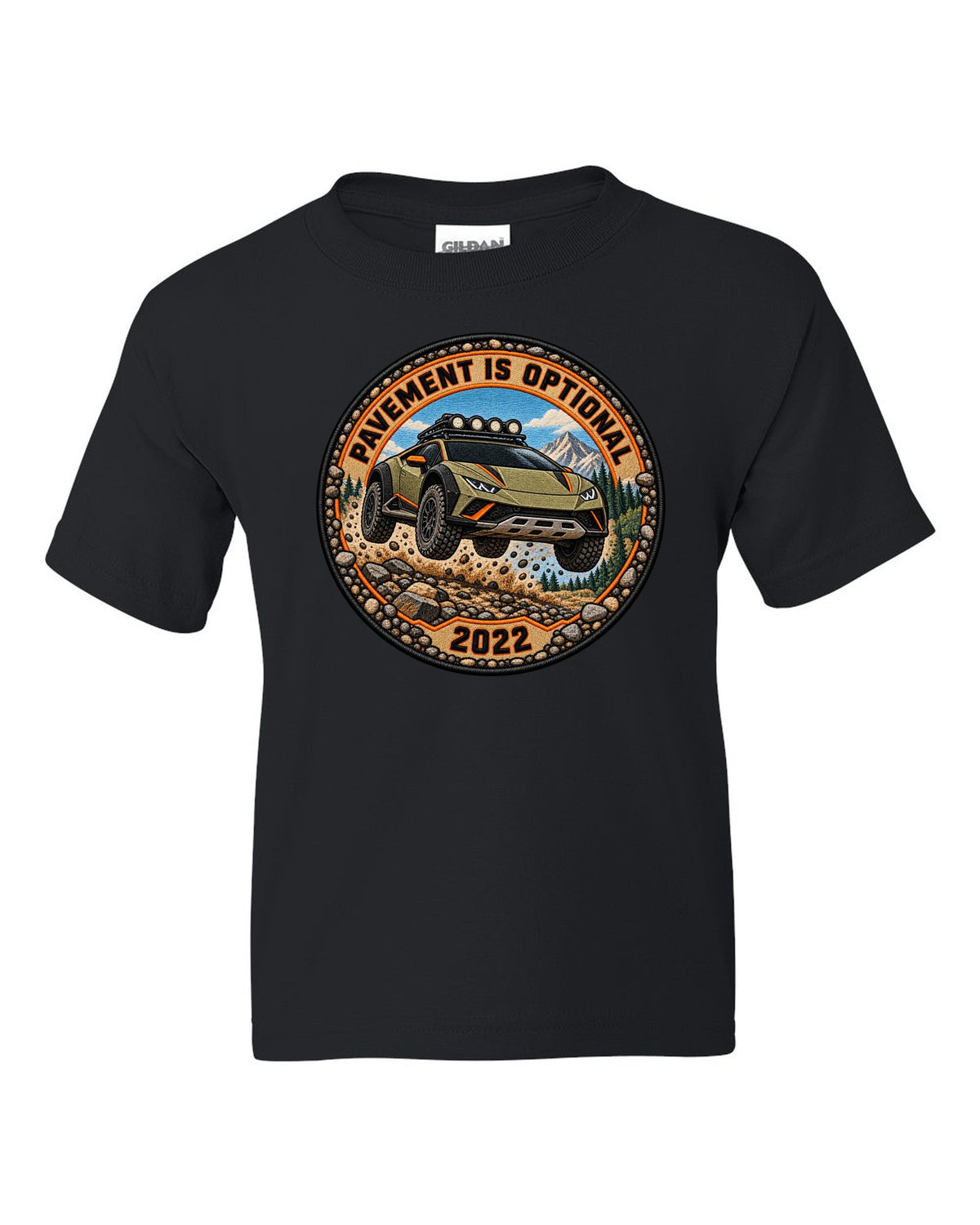 Embroidery-style round crest of a Lamborghini Huracan Sterrato LP610-4 with text PAVEMENT IS OPTIONAL / 2022 black kids tee front view with the design