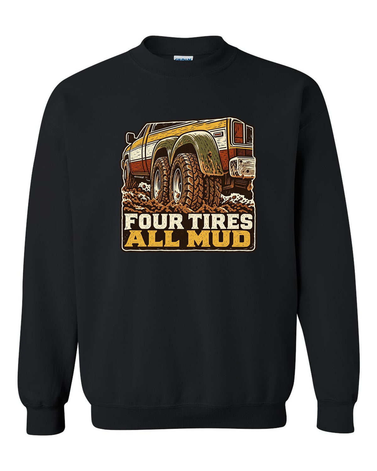 Linocut print of a 1994-1998 Dodge Ram 2nd gen dually in mud with four tires all mud text black crewneck front view with the design