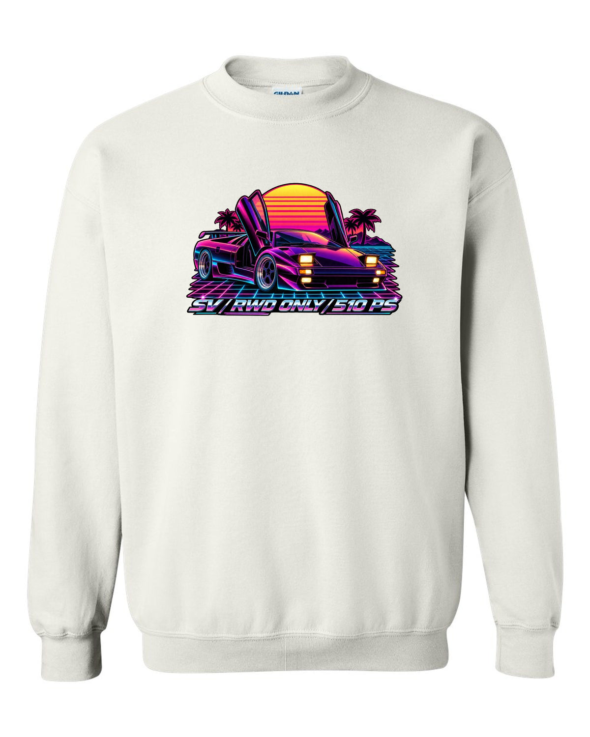 Synthwave outrun style Lamborghini Diablo SV with RWD only and 510 PS lettering white crewneck front view with the design