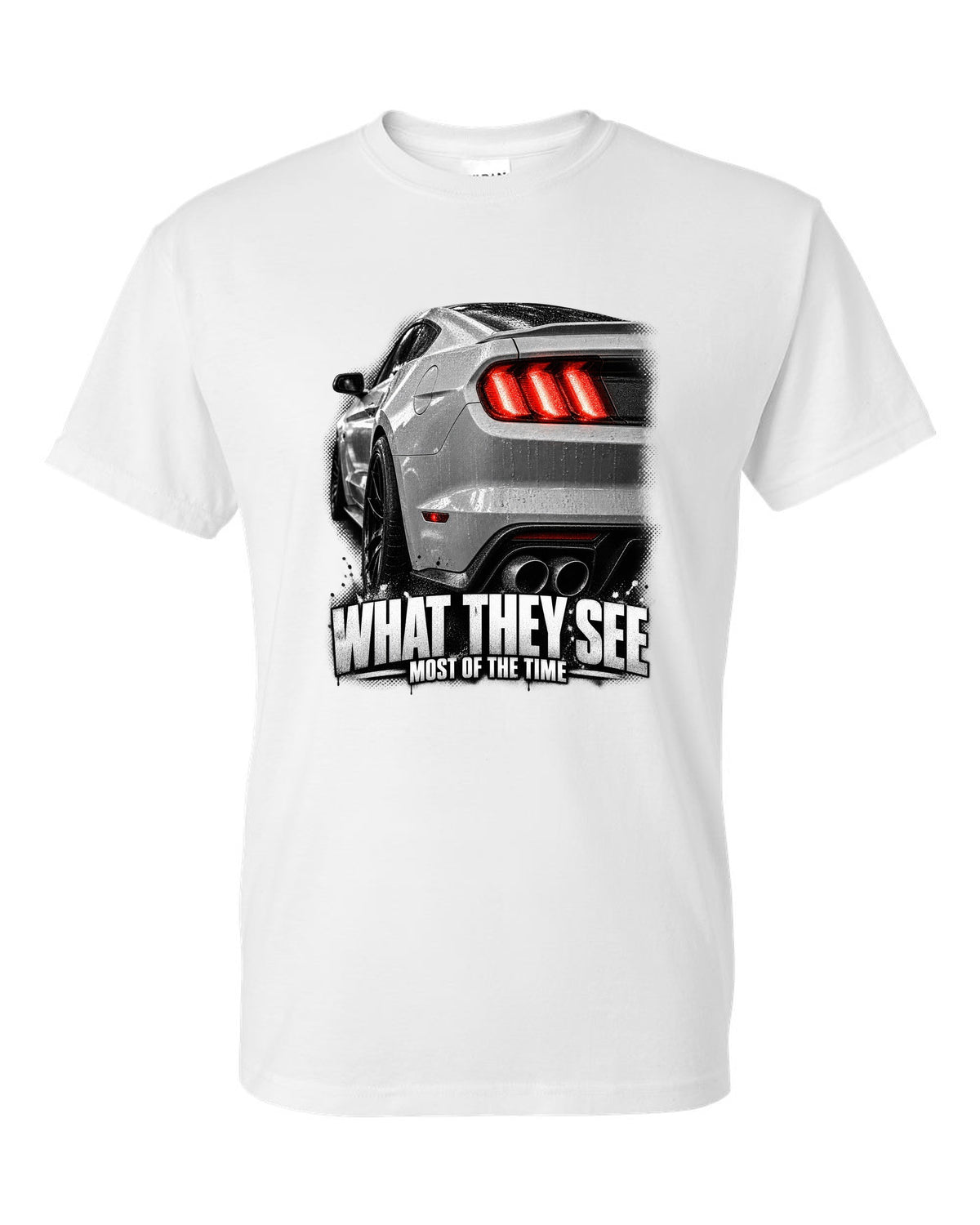 Macro print of a 2015-17 Ford Mustang S550 GT taillight white t-shirt front view with the design