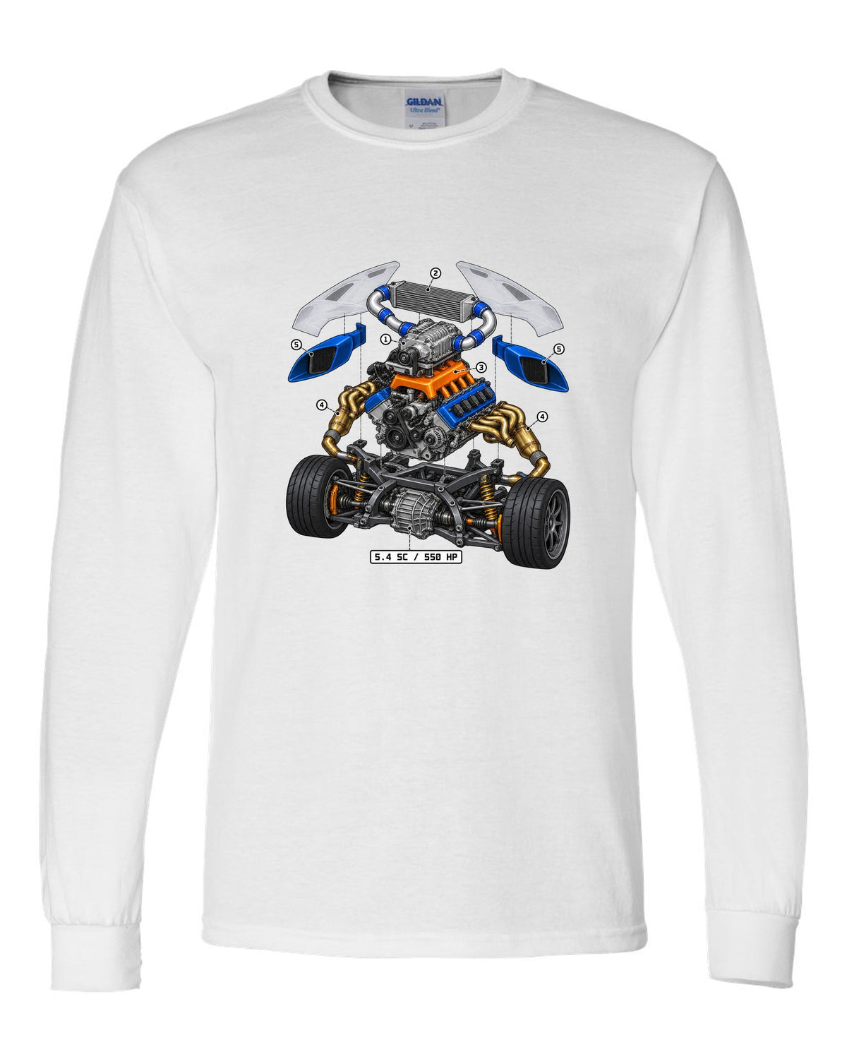 Ford GT 2005-2006 supercharged V8 in an isometric exploded view print white long sleeve front view with the design