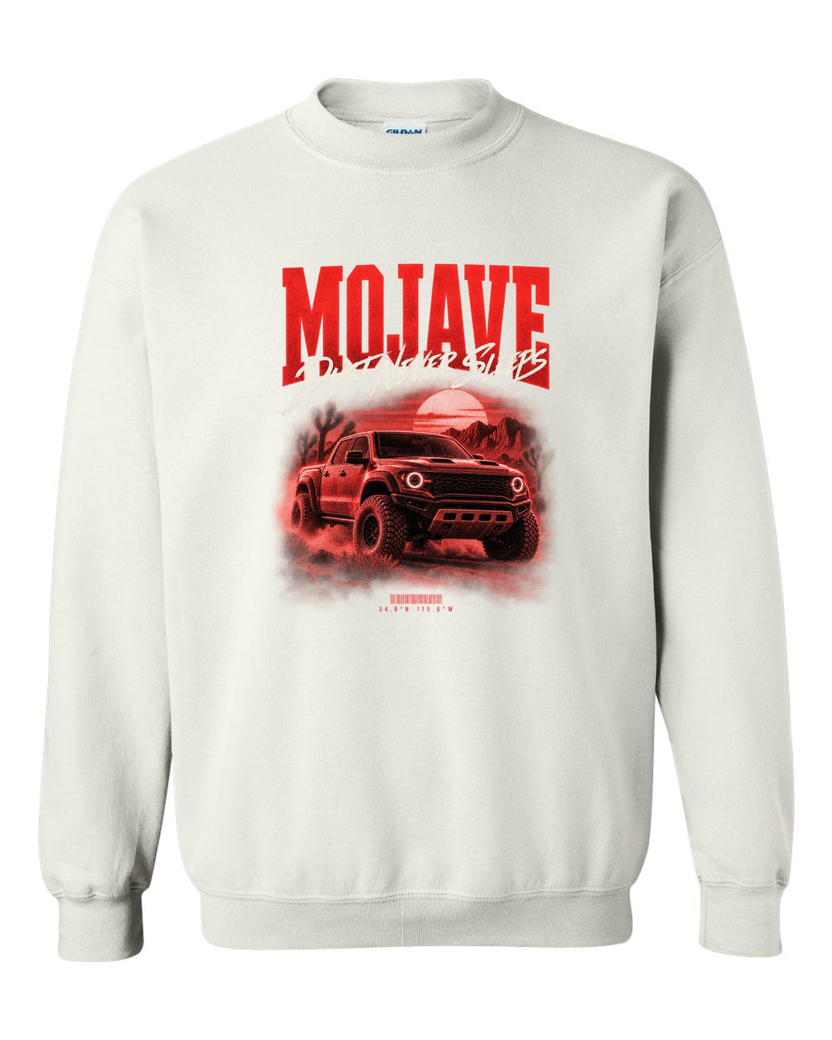 Jeep Gladiator JT Mojave street poster print with desert coordinates white crewneck front view with the design