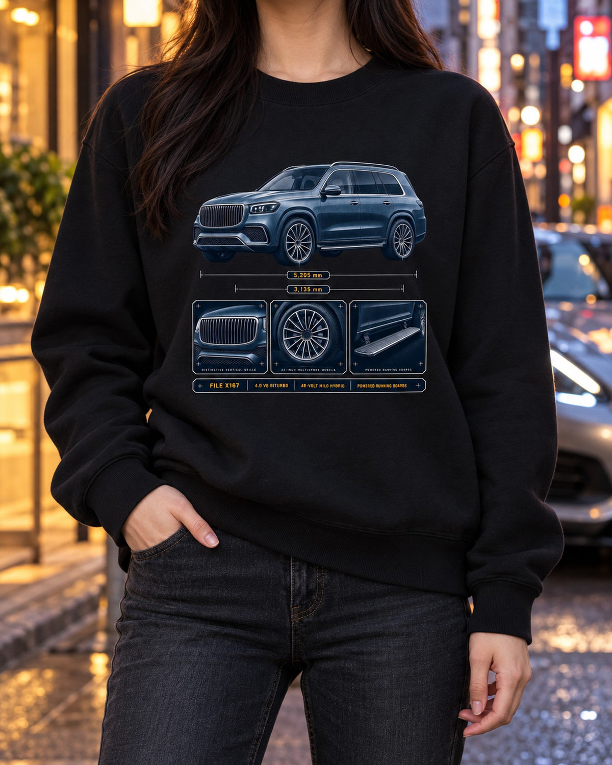 Mercedes-Maybach GLS 600 X167 Dossier print, SUV Car Tee Crewneck Black worn hero