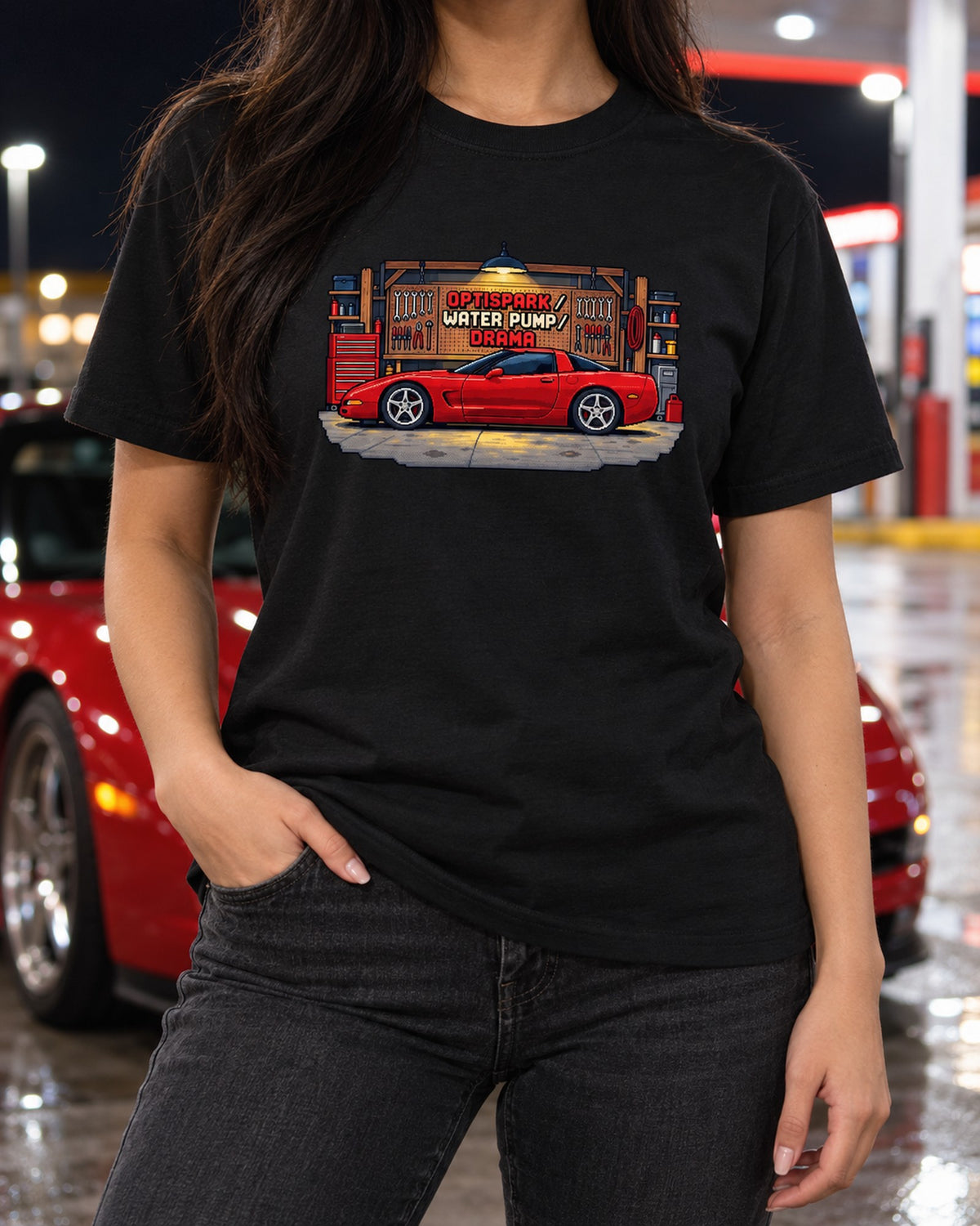 1997 Corvette C5 Pixel Art Shirt, Optispark and Water Pump T-Shirt Black worn hero