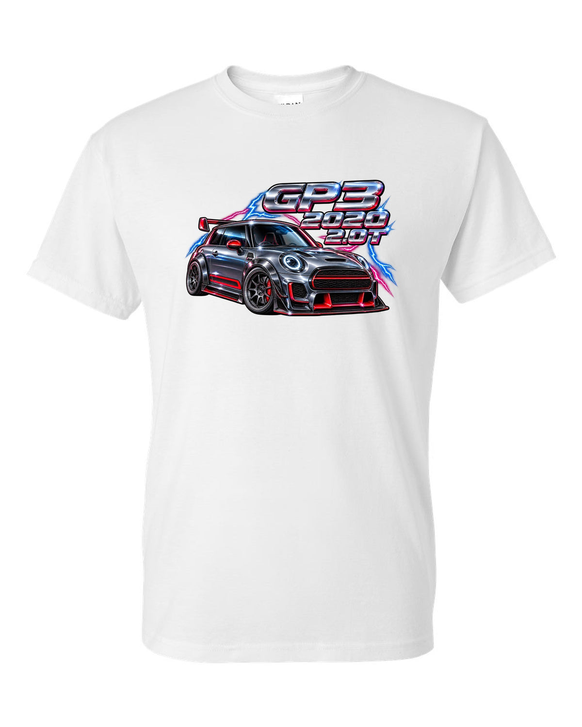 80s airbrush chrome artwork of the Mini JCW GP F56 GP3 white t-shirt front view with the design
