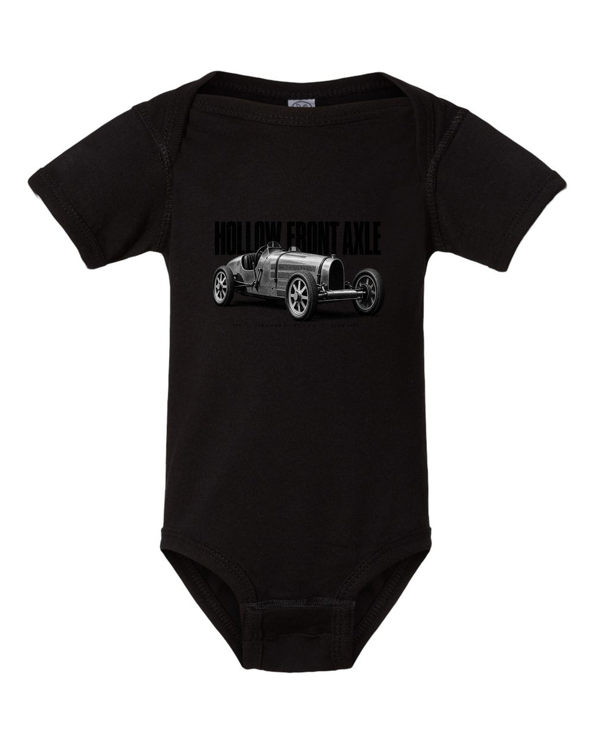Bugatti Type 35 1924 hollow axle halftone print black baby onesie front view with the design
