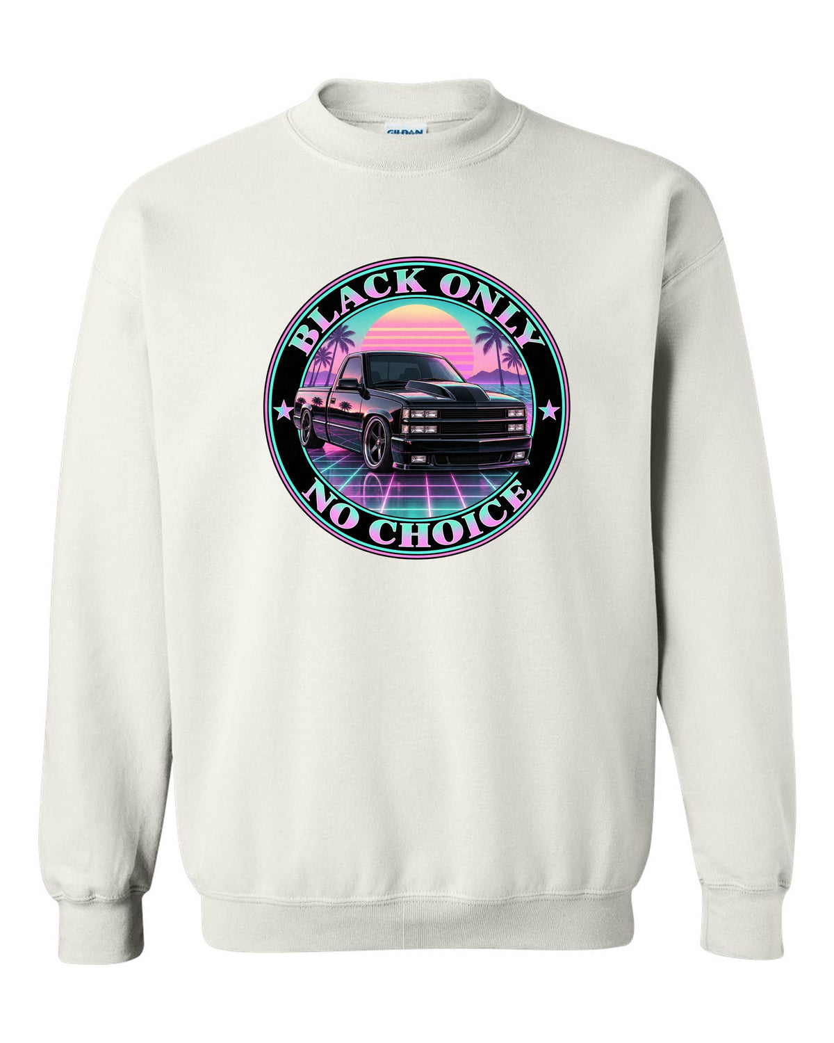Pastel vaporwave print of a 1990-93 Chevrolet 454 SS pickup with black only no choice lettering white crewneck front view with the design