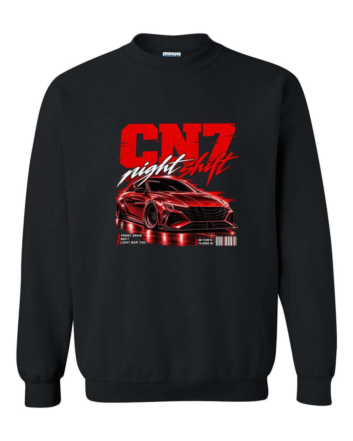 Hyundai Elantra N CN7 street poster print with night shift text and coordinates black crewneck front view with the design