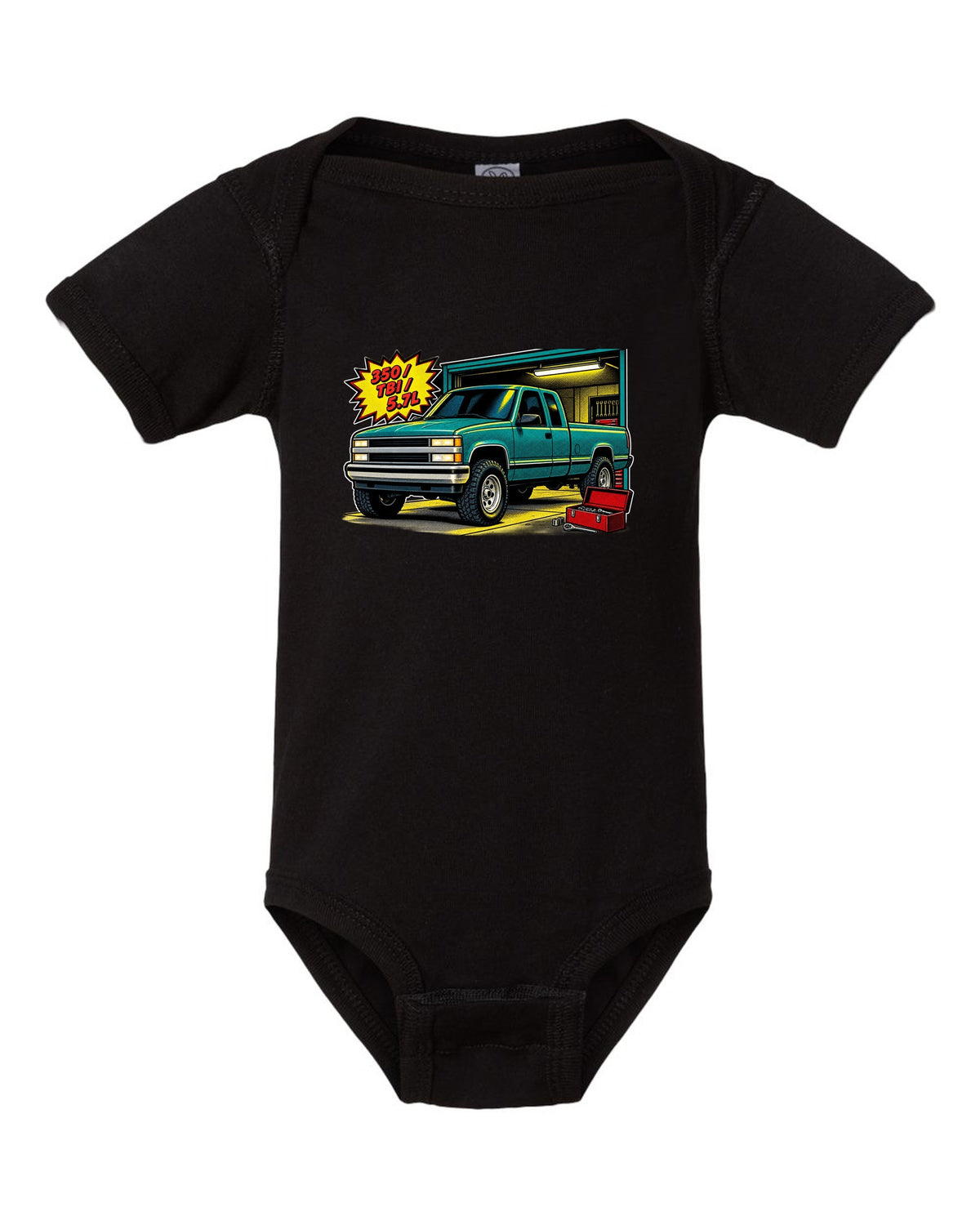 Comic halftone pop-art print of a 1988-1998 Chevrolet GMT400 OBS Silverado with 350 TBI 5.7L text black baby onesie front view with the design