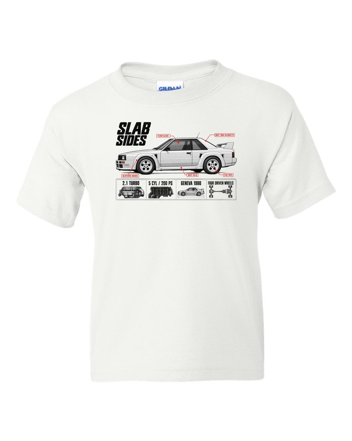 Audi Ur-Quattro Type 85 Slab Sides Spec Poster white kids tee front view with the design